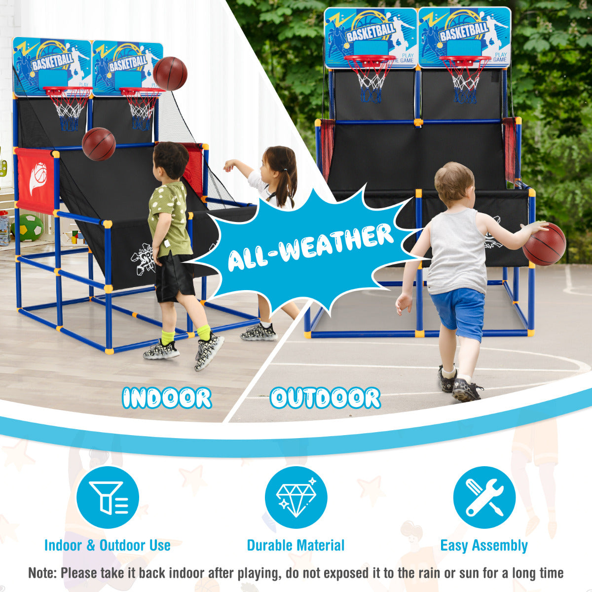 LIVSK Basketbal Arcade voor Kinderen - Dubbele Basket - Inclusief 4 Ballen en Pomp - Stabiel en Duurzaam - 90 x 90 x 140 cm -