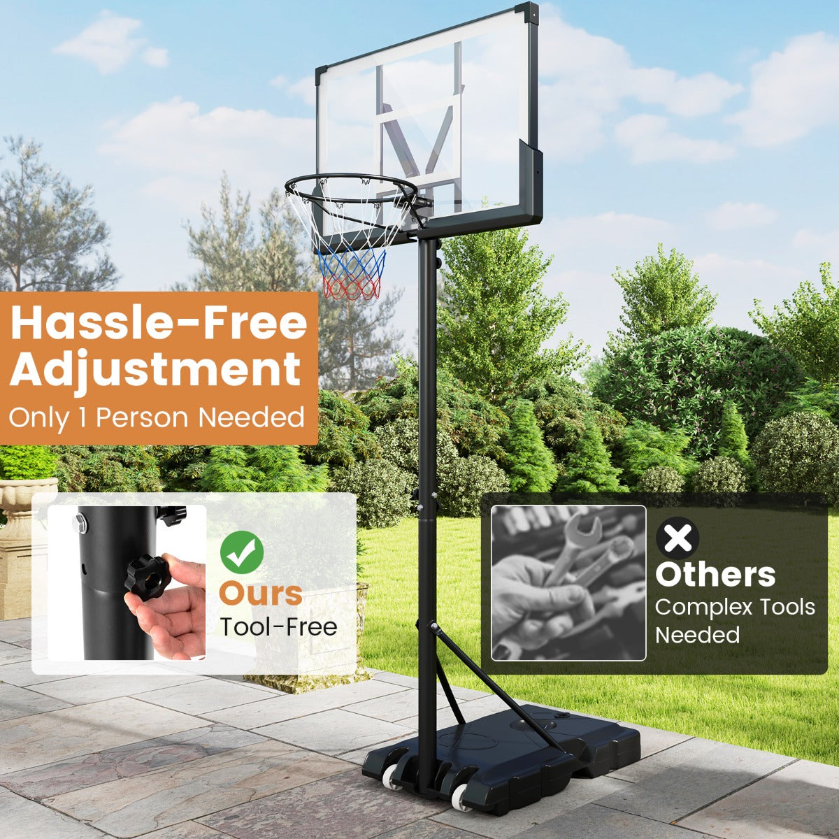 LIVSK Verstelbare Basketbalring - Hoogte 125-305 cm - Duurzaam Backboard - Mobiel met Wielen - Voor Binnen en Buiten - Zwart