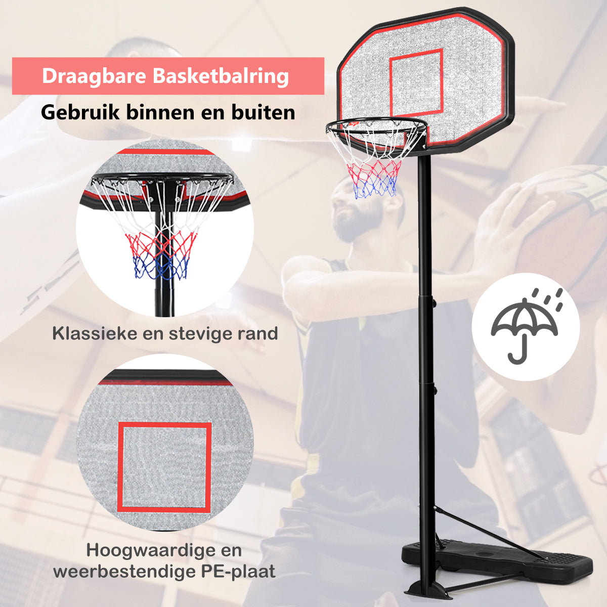 LIVSK Draagbare Basketbalring - Verstelbare Hoogte 220-305 cm - Stabiele Basis met Water/Zand - Duurzaam Stalen Frame - Zwart +