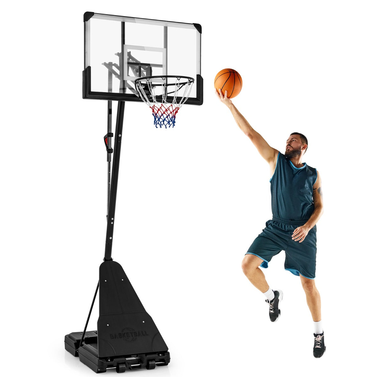 LIVSK Verstelbare Basketbalring - 10 Hoogtes van 2,45 tot 3,05 m - Onbreekbaar Backboard - Mobiel Ontwerp - Zwart