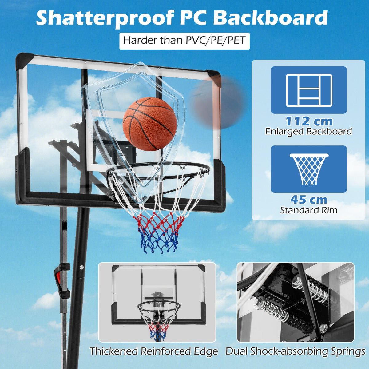 LIVSK Verstelbare Basketbalring - 10 Hoogtes van 2,45 tot 3,05 m - Onbreekbaar Backboard - Mobiel Ontwerp - Zwart