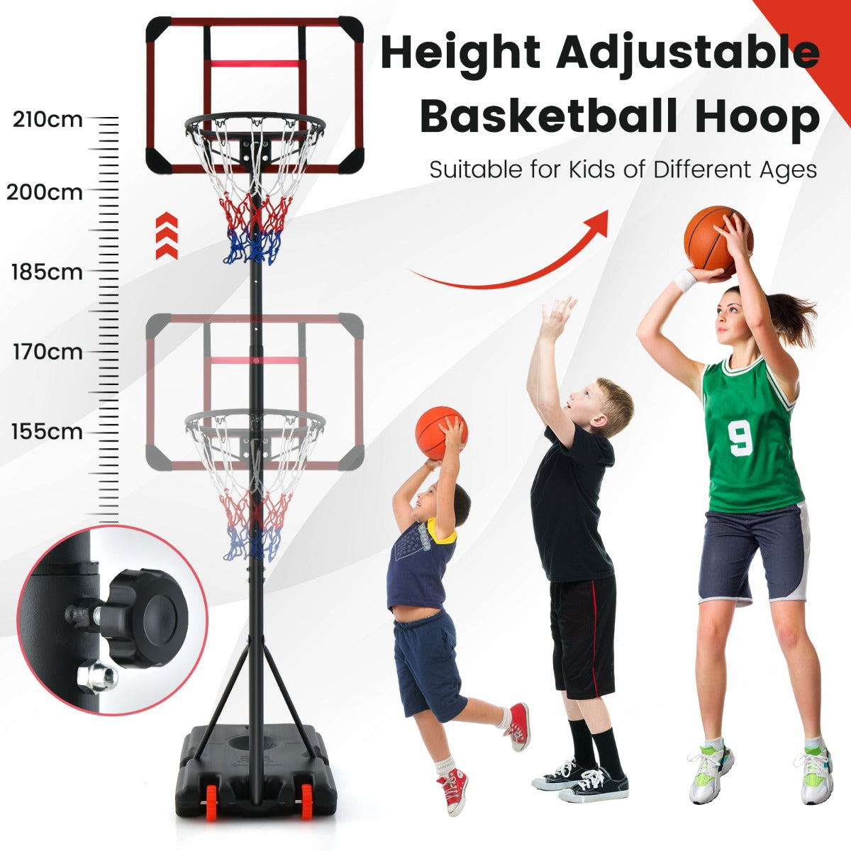 LIVSK Basketbalring met Verstelbare Hoogte 155-210 cm - Schokabsorberend Backboard - Stabiele Basis met Wielen - Rood