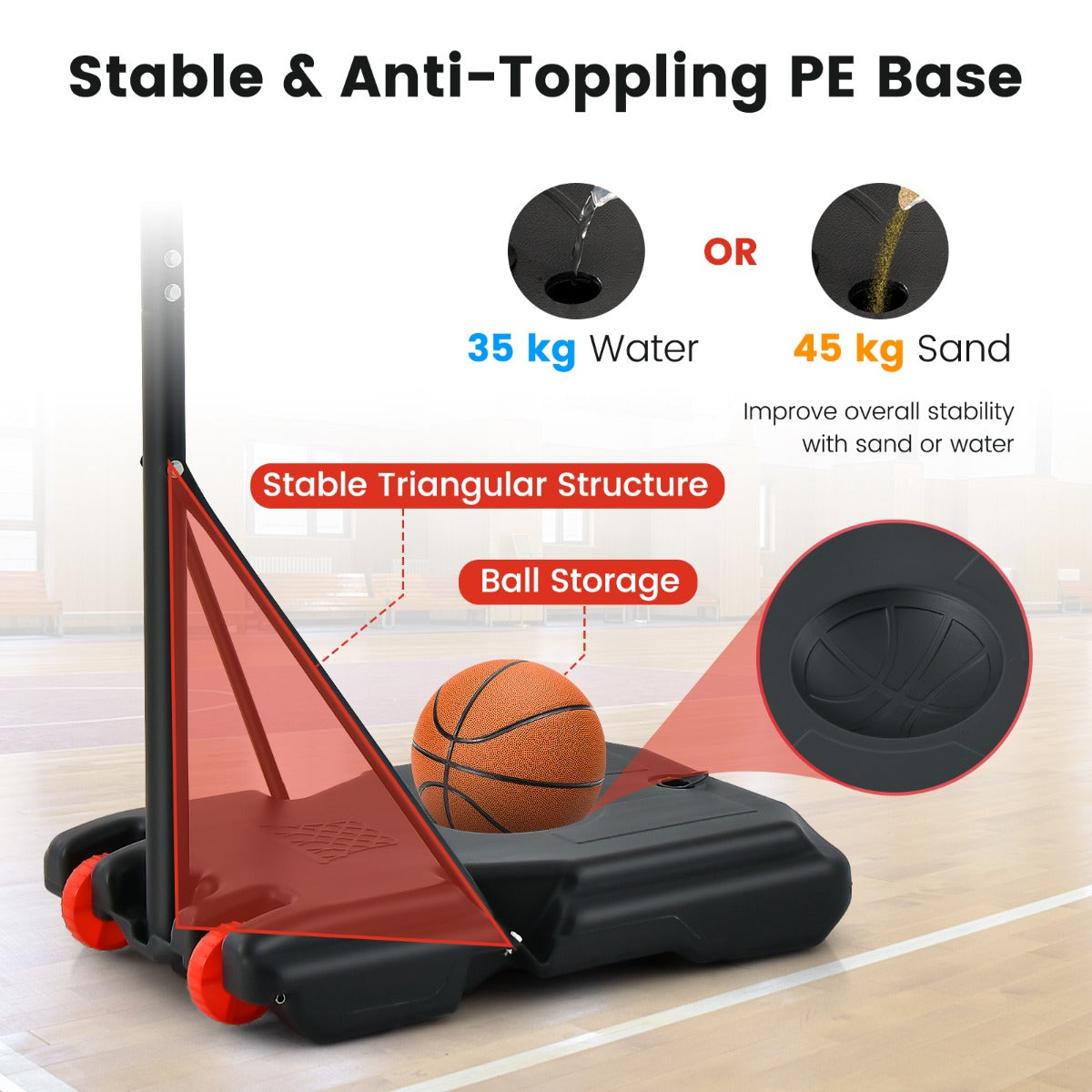 LIVSK Basketbalring met Verstelbare Hoogte 155-210 cm - Schokabsorberend Backboard - Stabiele Basis met Wielen - Rood