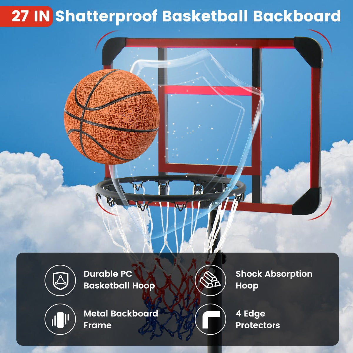 LIVSK Basketbalring met Verstelbare Hoogte 155-210 cm - Schokabsorberend Backboard - Stabiele Basis met Wielen - Rood