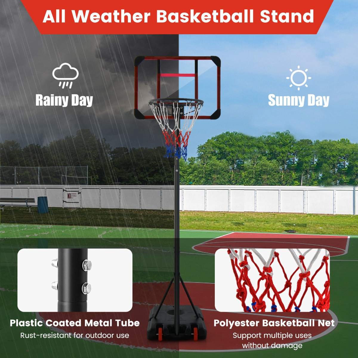 LIVSK Basketbalring met Verstelbare Hoogte 155-210 cm - Schokabsorberend Backboard - Stabiele Basis met Wielen - Rood