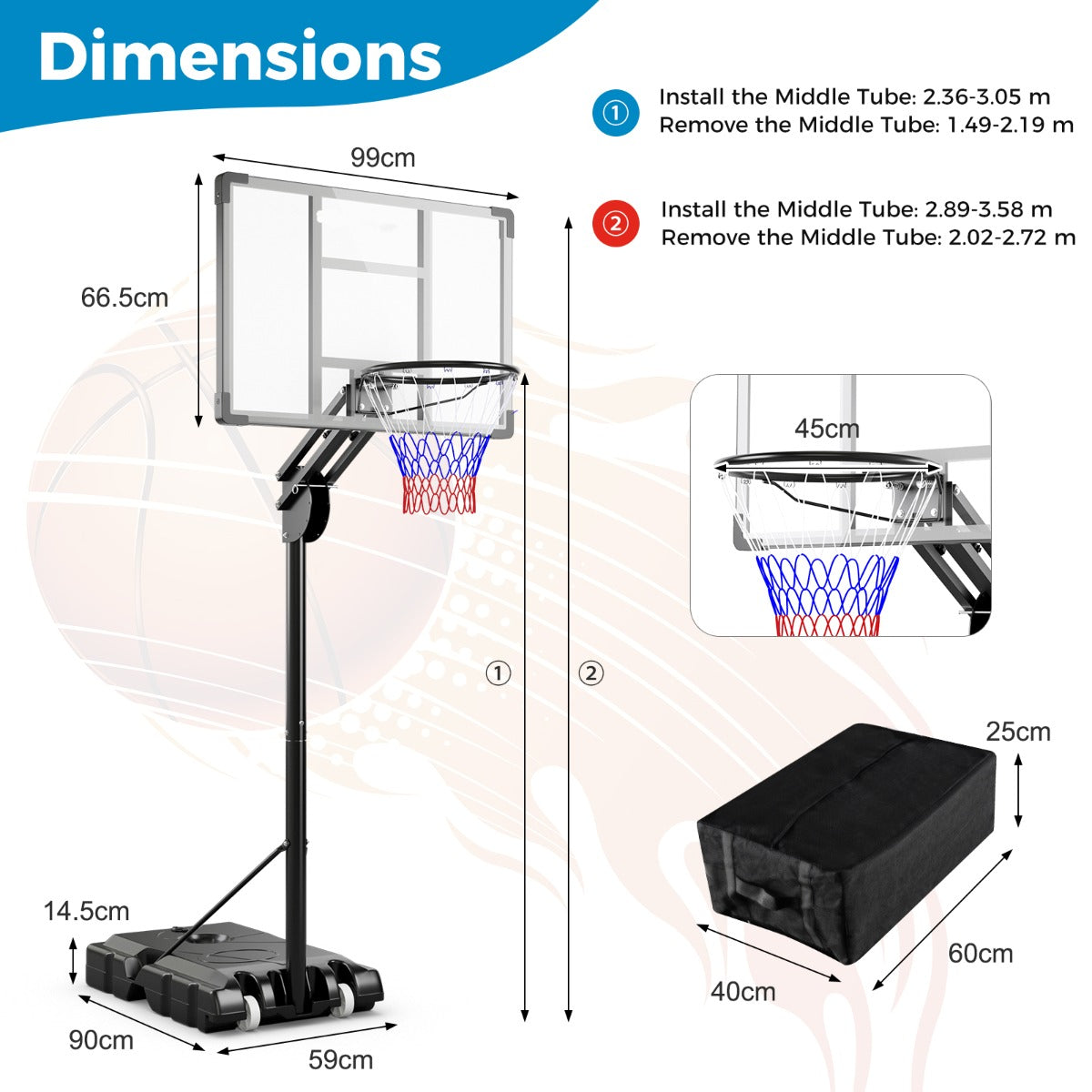 LIVSK Basketbalring Verstelbaar 1,49-3,05m - Onbreekbaar Backboard - Gewichtstas - Met Wielen - Zwart