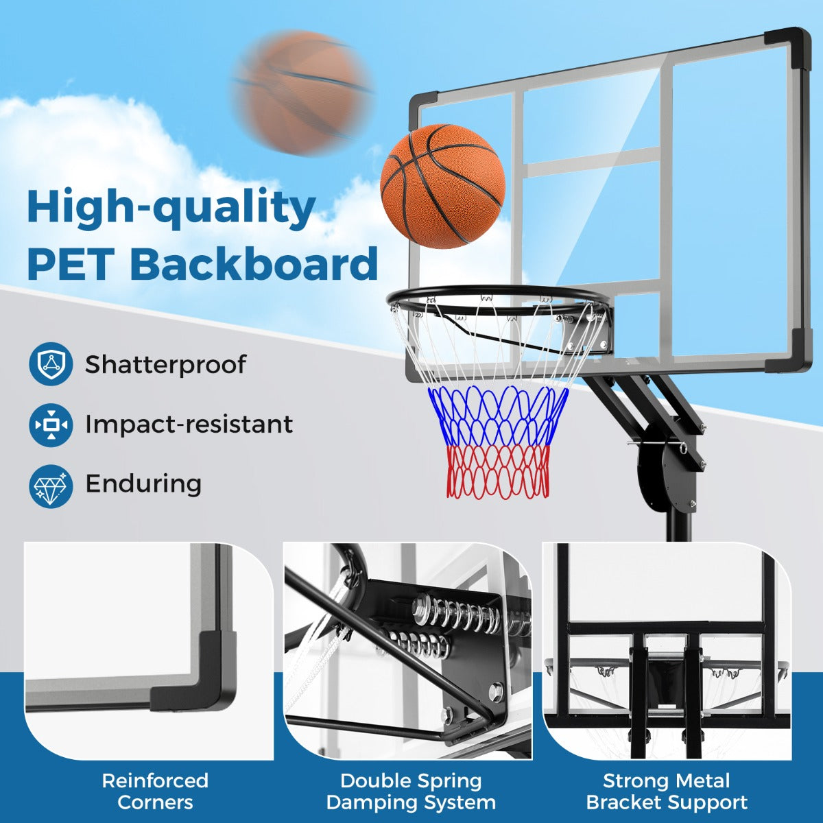 LIVSK Basketbalring Verstelbaar 1,49-3,05m - Onbreekbaar Backboard - Gewichtstas - Met Wielen - Zwart