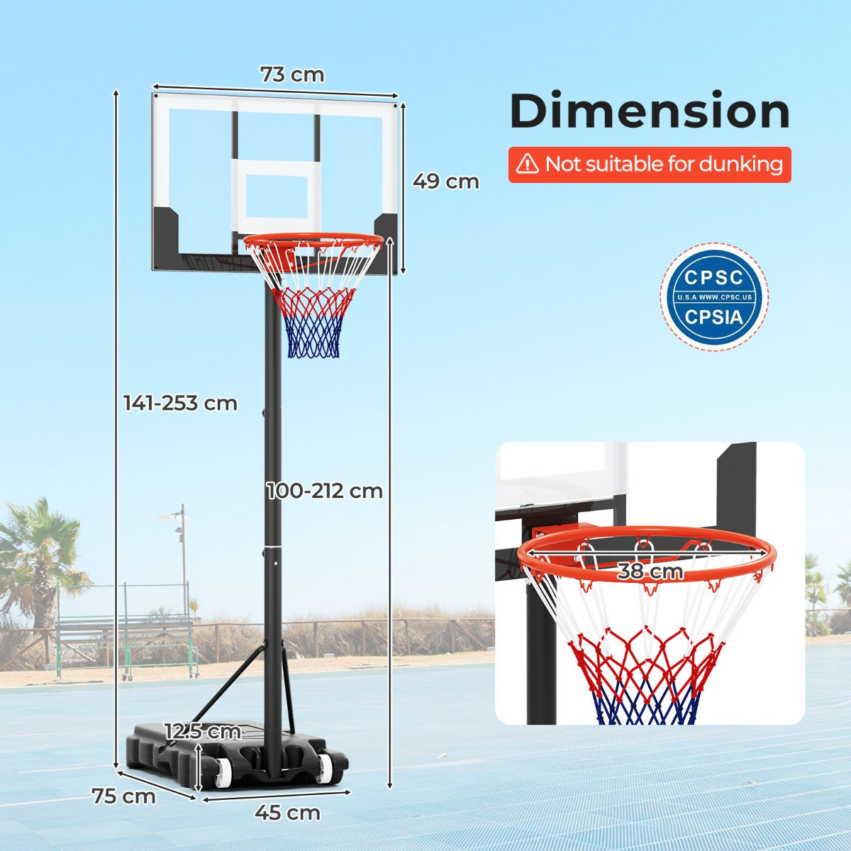 LIVSK Basketbalkorf - Verstelbaar 100-212 cm - Slagvast PC-backboard - Stabiele PE-basis met Wielen - Zwart