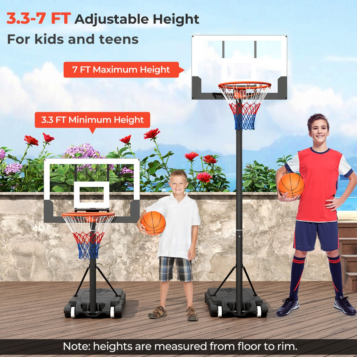 LIVSK Basketbalkorf - Verstelbaar 100-212 cm - Slagvast PC-backboard - Stabiele PE-basis met Wielen - Zwart