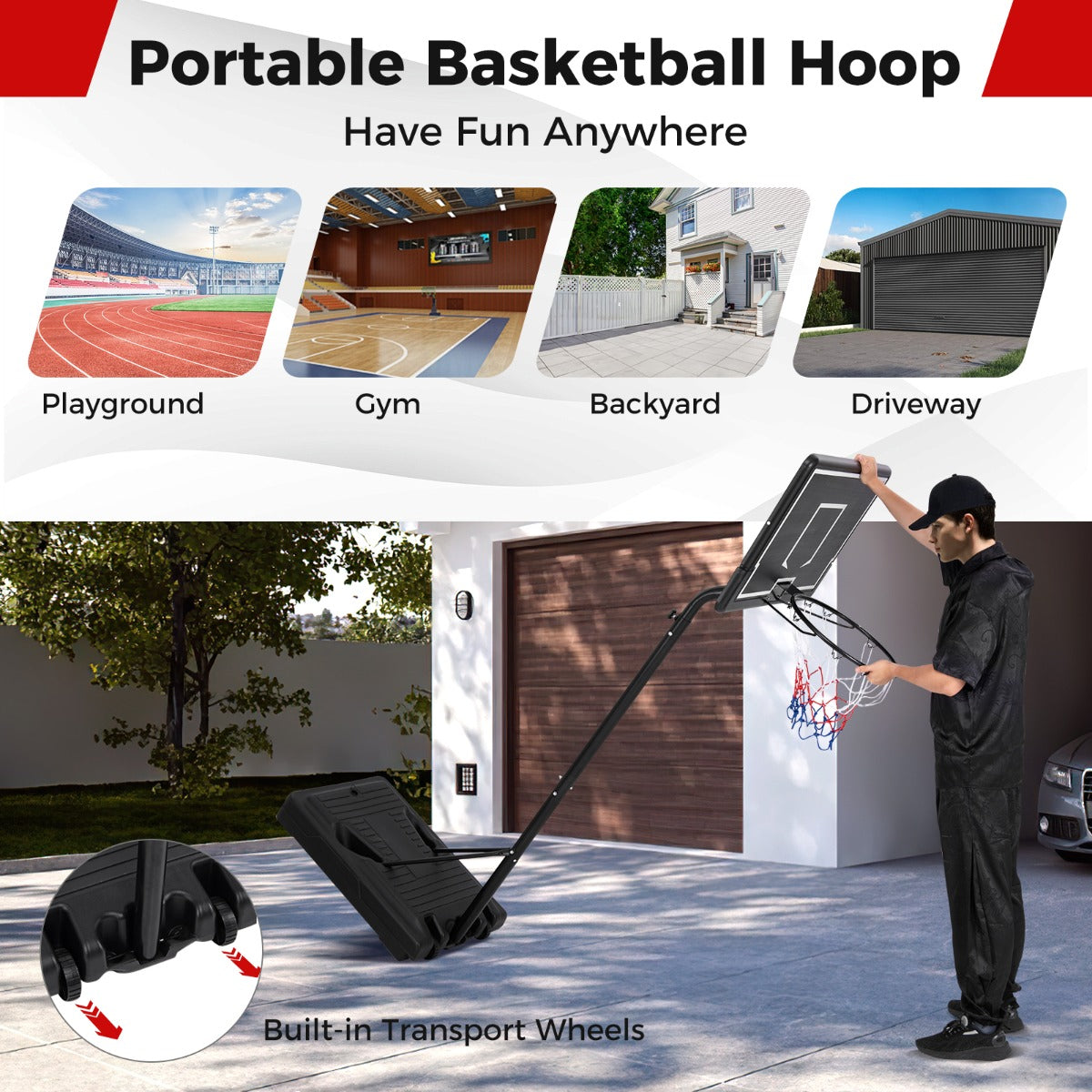 LIVSK Draagbare Basketbalkorf - Verstelbare Hoogte 2,1-2,6 m - Onbreekbare PC Achterwand - Transportwielen - Zwart