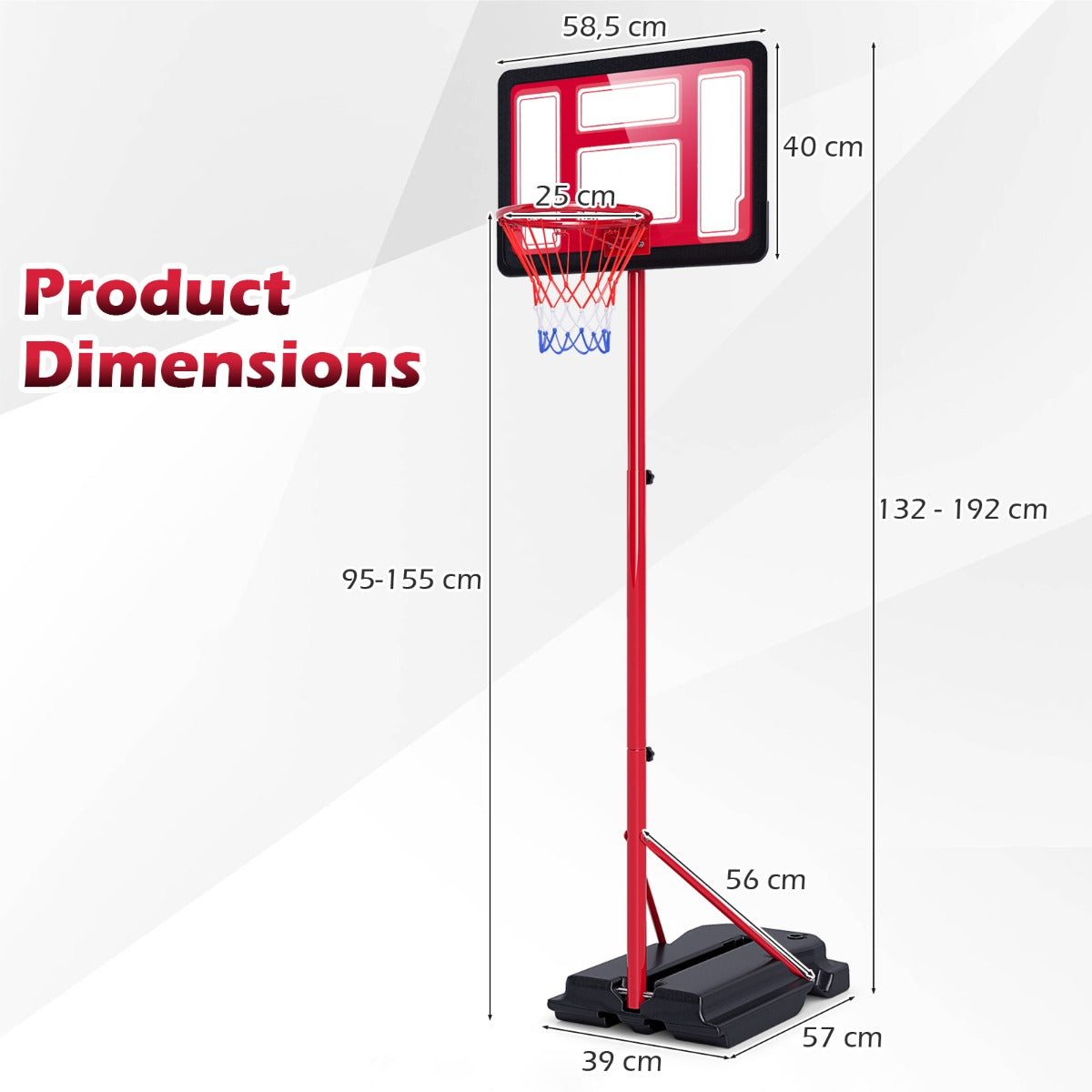 Livsk costway basketbalring in hoogte verstelbaar van 95 155 cm met standaard draagbare basketbalring voor kinderen en tieners