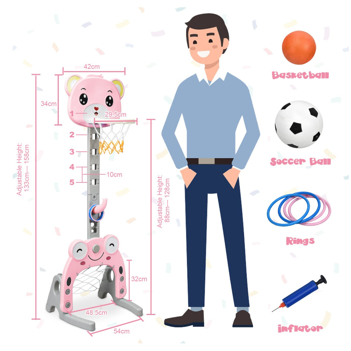 LIVSK 3-in-1 Basketbalstandaard - Verstelbare Hoogtes - Inclusief Basketbal, Voetbal en Ringen - Voor Kinderen - Roze