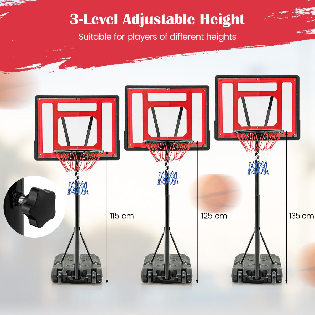 LIVSK zwembadbasketbalring - Verstelbare Hoogtes tot 135 cm - Onbreekbaar Achterpaneel - Draagbaar met Wielen - Rood