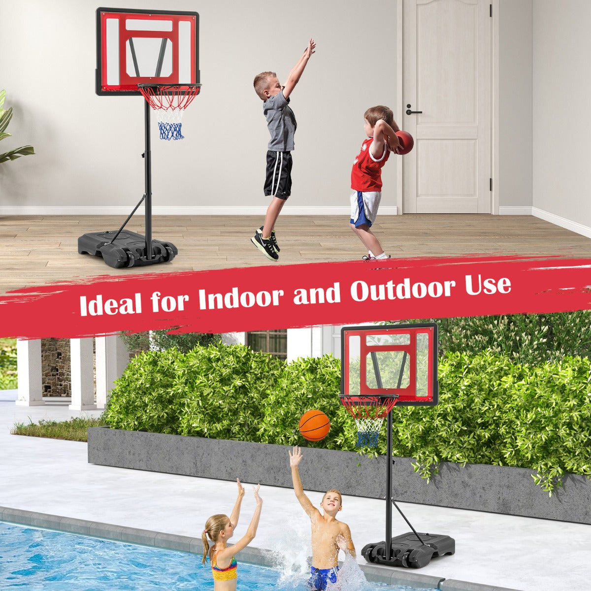 LIVSK zwembadbasketbalring - Verstelbare Hoogtes tot 135 cm - Onbreekbaar Achterpaneel - Draagbaar met Wielen - Rood