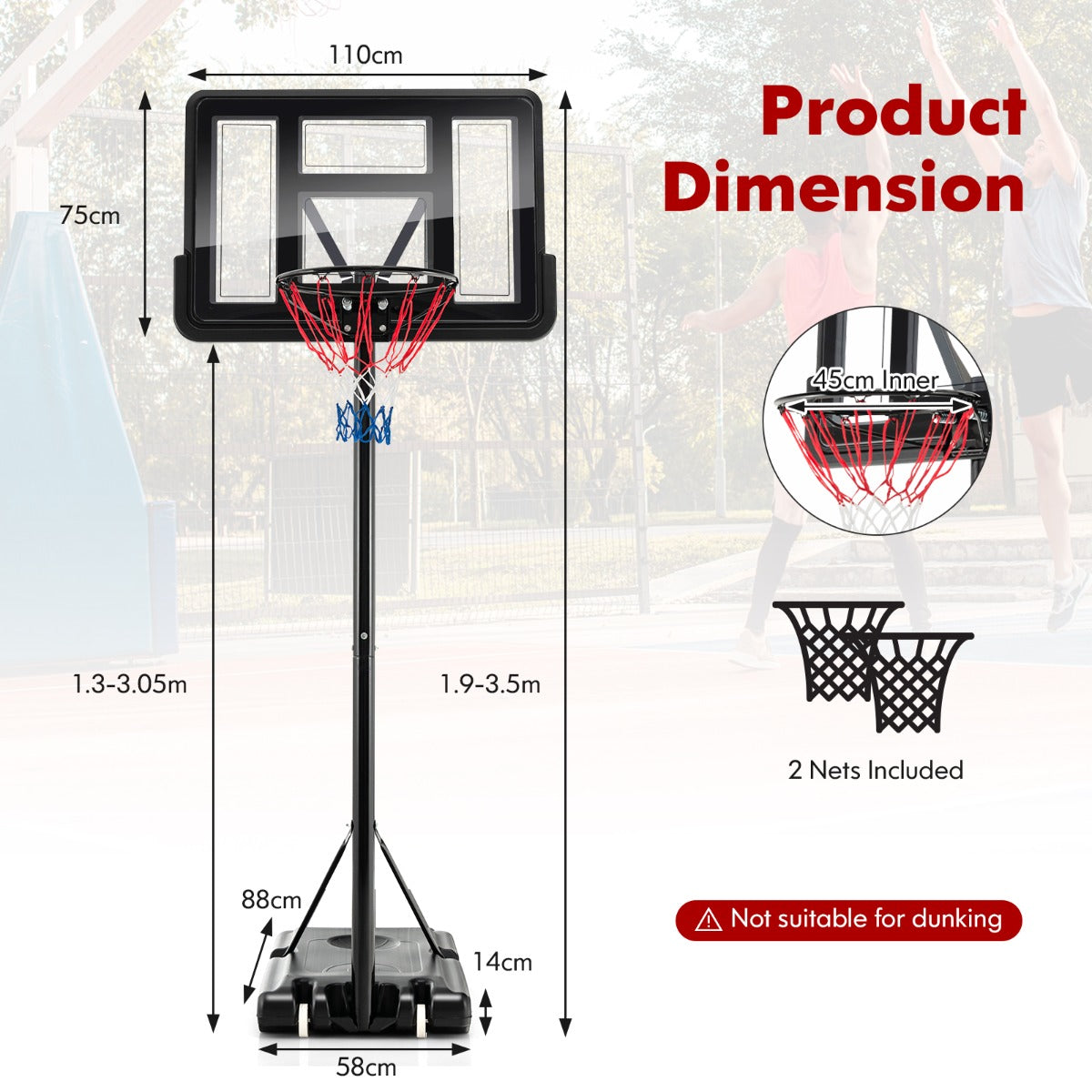 LIVSK Verstelbare Basketbalkorf - Weerbestendig en Draagbaar - Hoogte 130-305 cm - Stabiele Basis - Voor Alle Leeftijden - Zwart