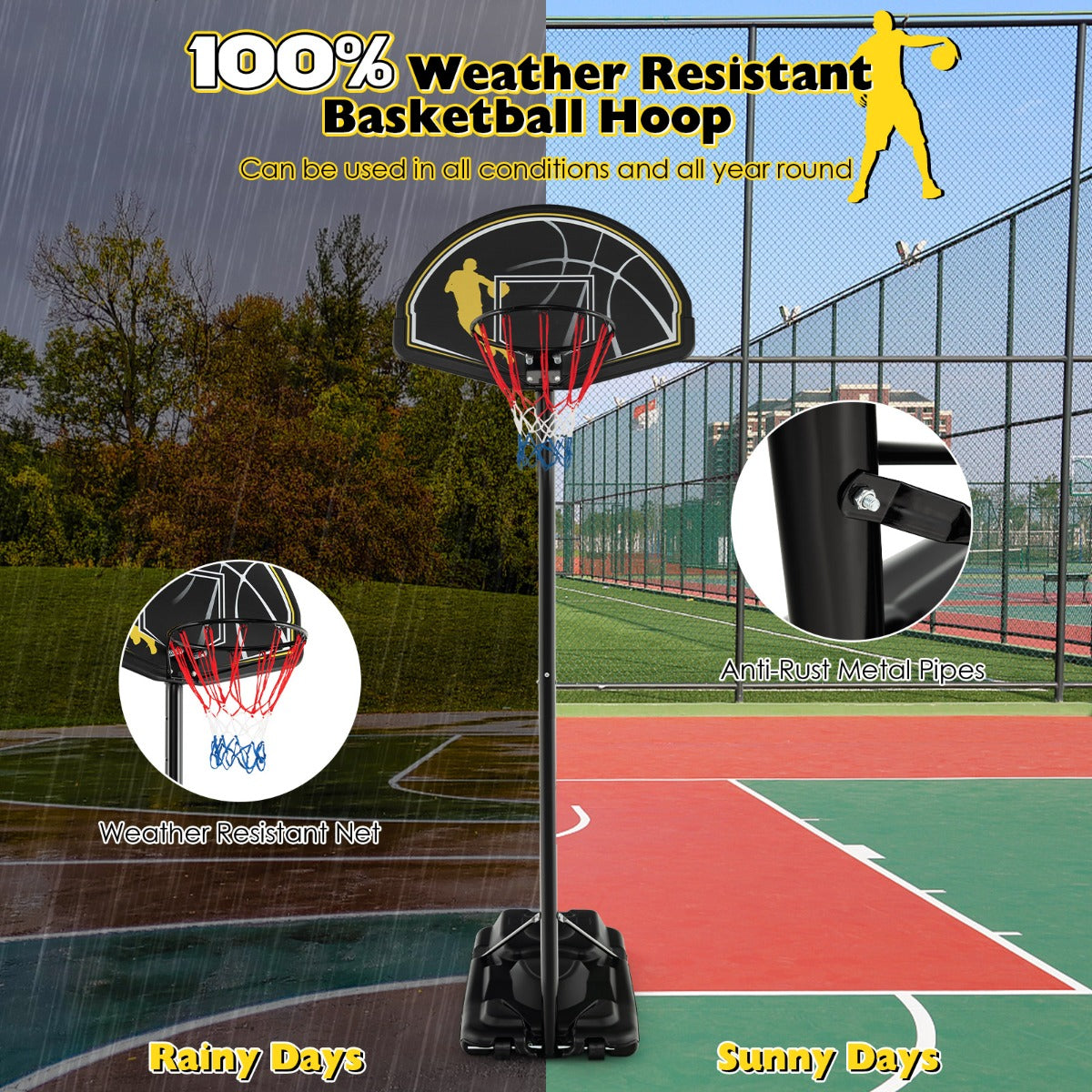 LIVSK Draagbare Basketbalring - Verstelbaar 130-305 cm - Onbreekbaar Backboard - Vulbare Basis - Voor Kinderen en Volwassenen -