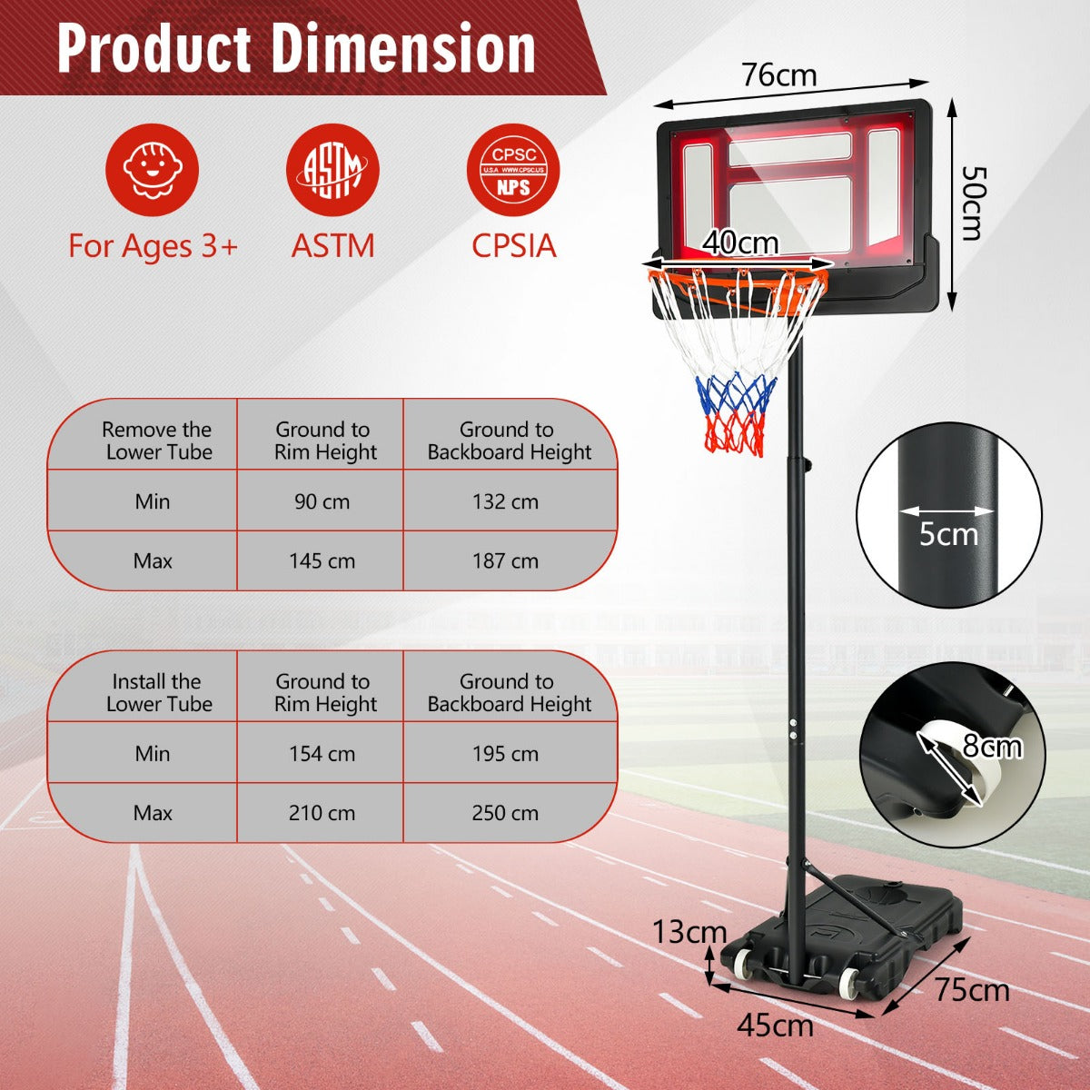 LIVSK Basketbalkorf op Wielen - Verstelbare Hoogte 132-250 cm - Duurzaam en Weerbestendig - Voor Kinderen - Rood