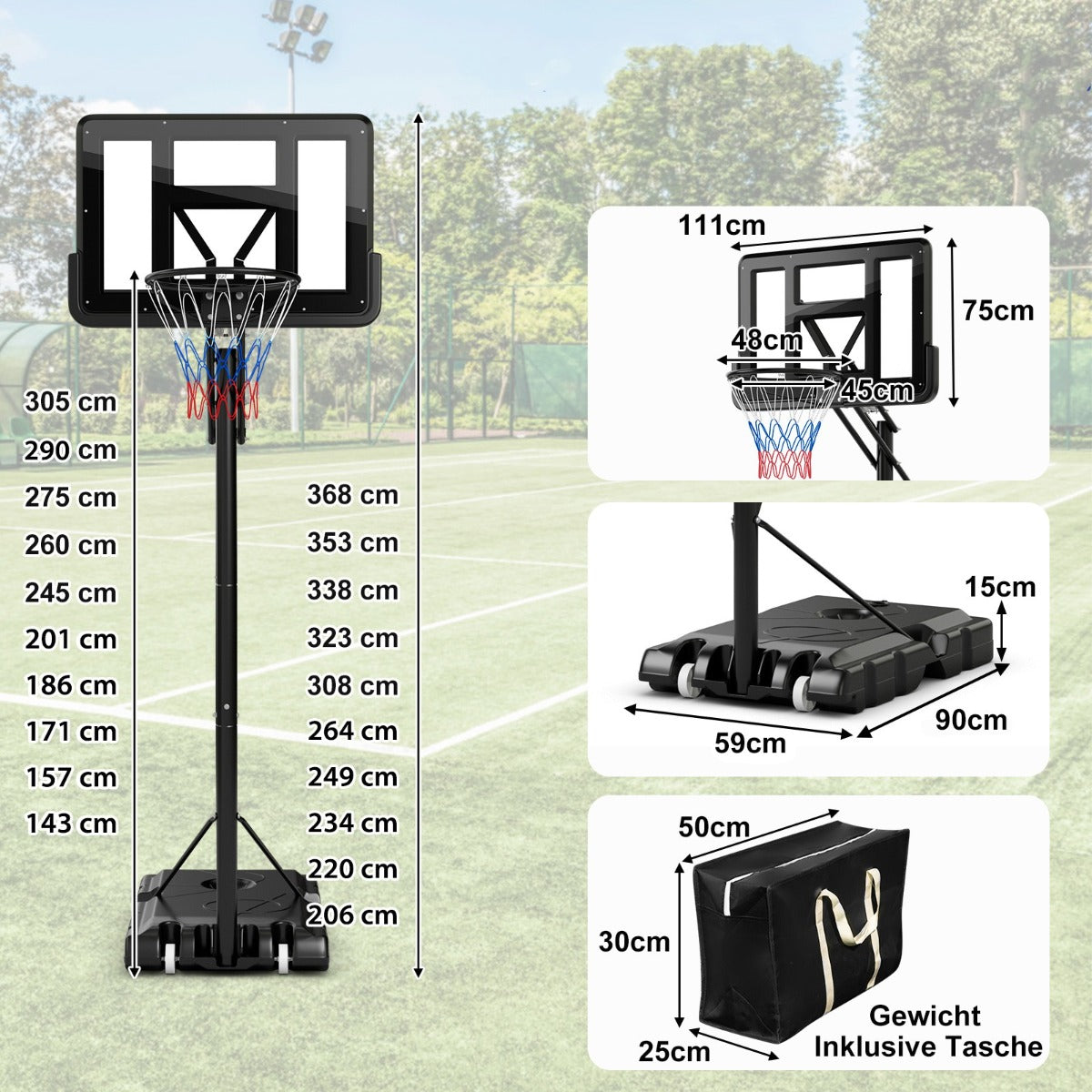 LIVSK Basketbalkorf - Verstelbare Hoogte 245-305 cm - Duurzame Achterwand - Mobiel met Wielen - Voor Binnen en Buiten - Zwart