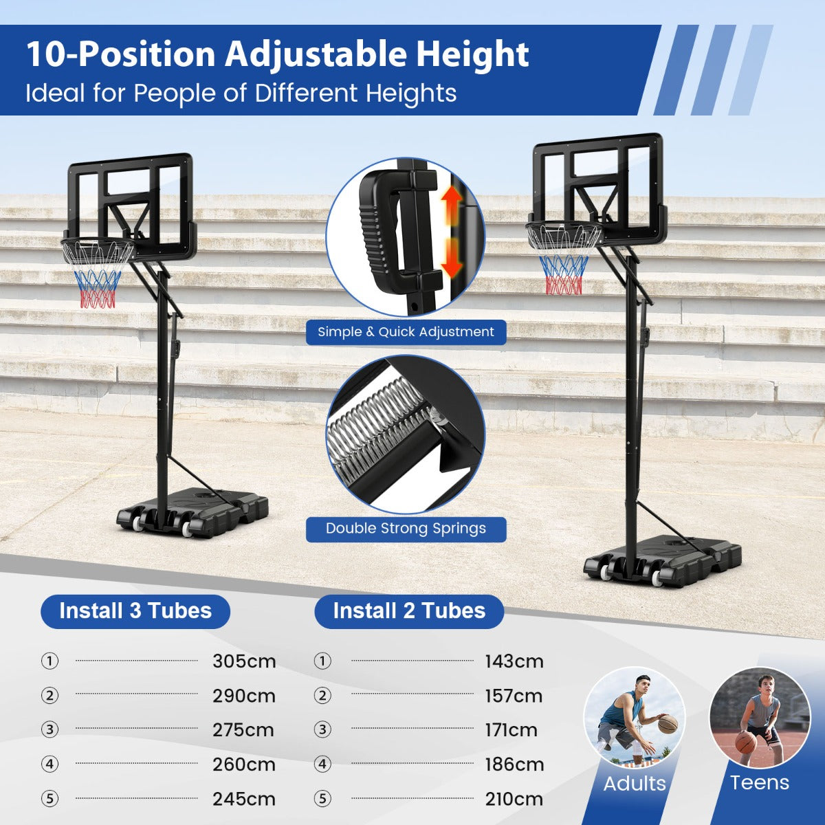 LIVSK Basketbalkorf - Verstelbare Hoogte 245-305 cm - Duurzame Achterwand - Mobiel met Wielen - Voor Binnen en Buiten - Zwart