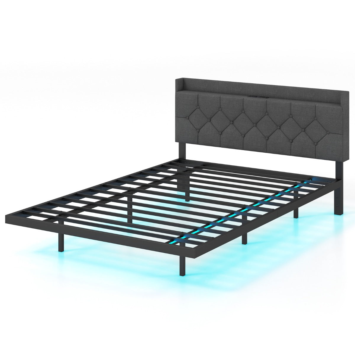 LIVSK Zwevend Bedframe met LED-Verlichting - Verstelbaar Hoofdeinde - Ingebouwde Stopcontacten - Geluidsdempend - Grijs
