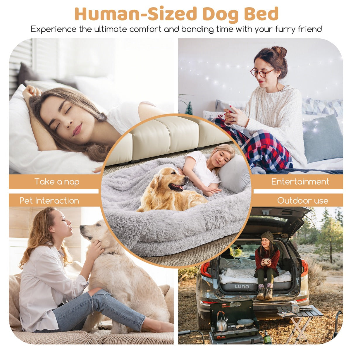 LIVSK Mensen- en Hondenbed - Orthopedisch Honingraatschuim - Waterdicht - Inclusief Deken en Kussen - 171 x 115 x 25 cm - Grijs