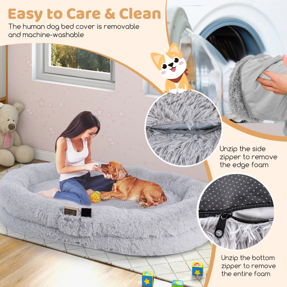 LIVSK Mensen- en Hondenbed - Orthopedisch Honingraatschuim - Waterdicht - Inclusief Deken en Kussen - 171 x 115 x 25 cm - Grijs