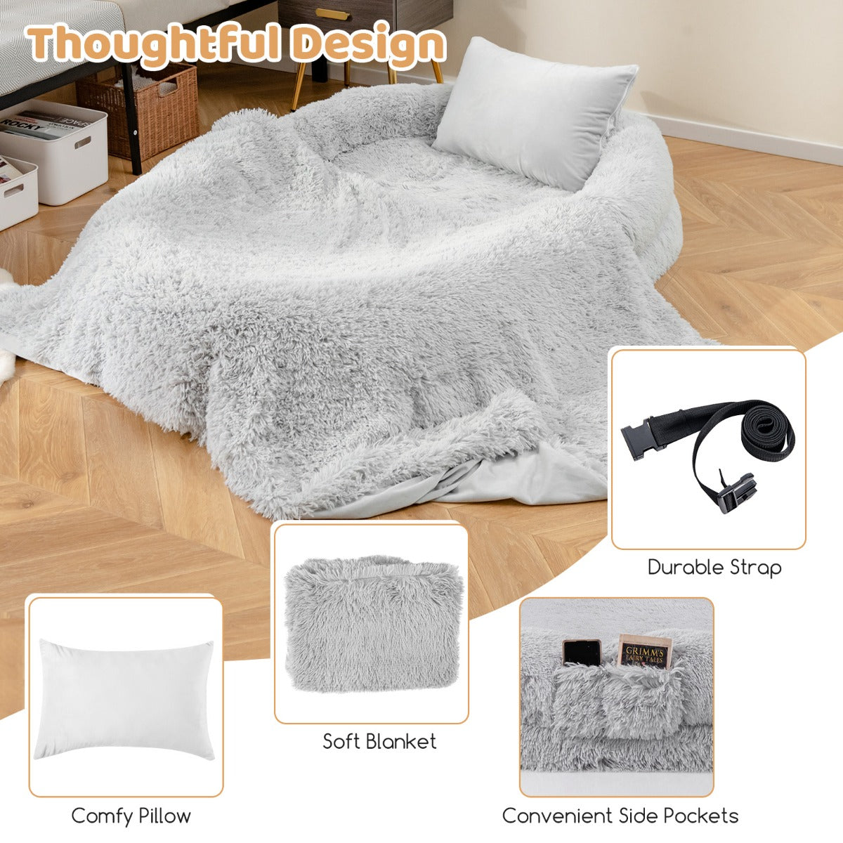 LIVSK Mensen- en Hondenbed - Orthopedisch Honingraatschuim - Waterdicht - Inclusief Deken en Kussen - 171 x 115 x 25 cm - Grijs