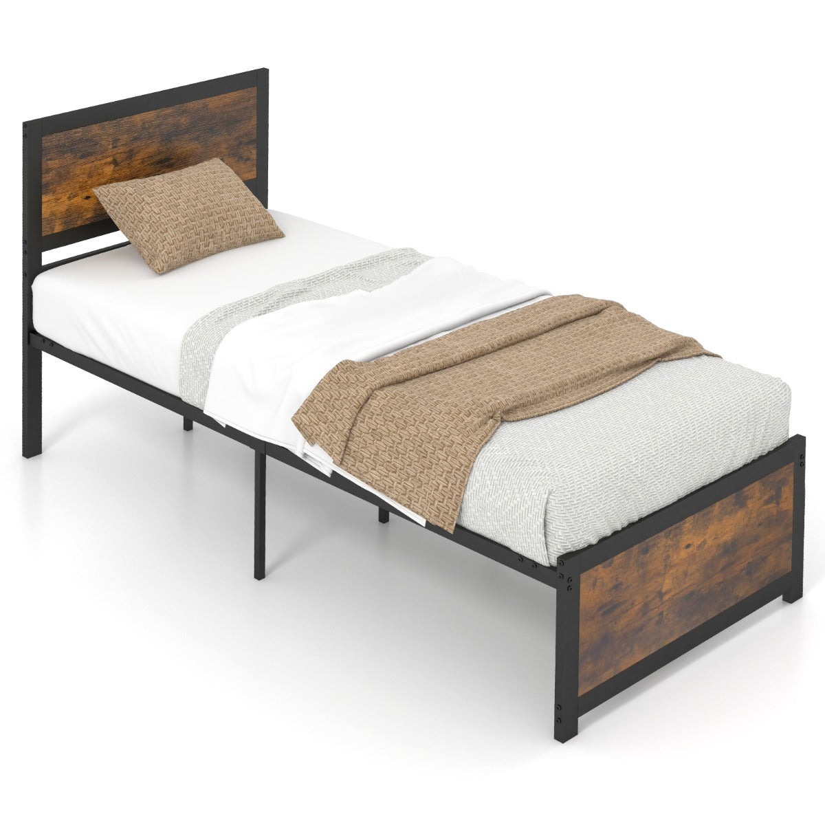 LIVSK Industrieel Dubbel Bedframe - Hoog Hoofdeinde - Geluiddemperstaven - 220 kg Draagvermogen - 36 cm Hoogte - Rustiek Bruin &