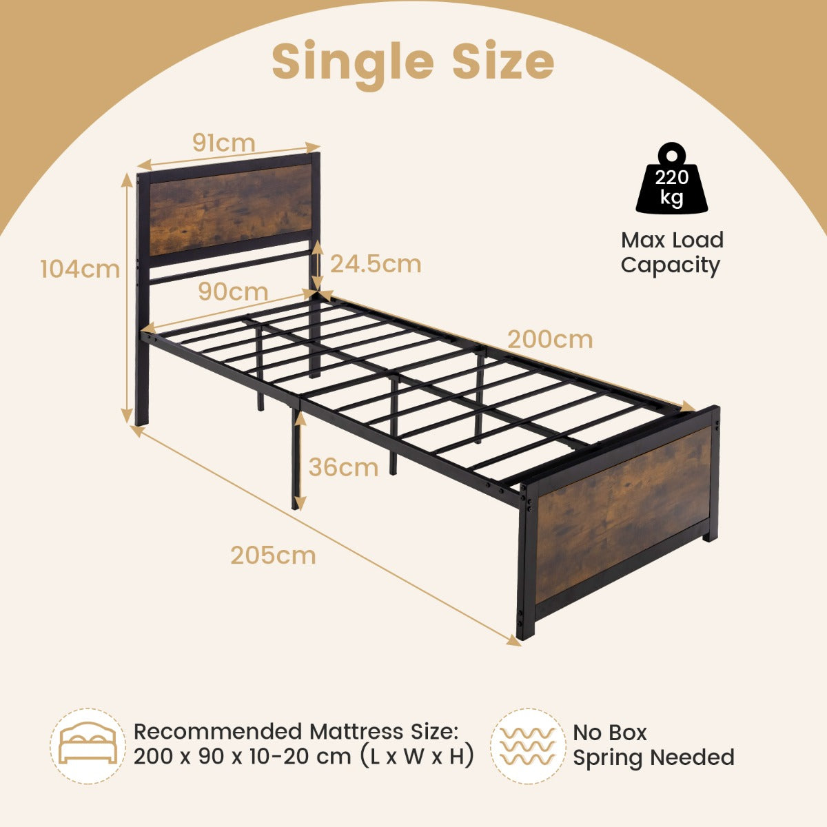 LIVSK Industrieel Dubbel Bedframe - Hoog Hoofdeinde - Geluiddemperstaven - 220 kg Draagvermogen - 36 cm Hoogte - Rustiek Bruin &