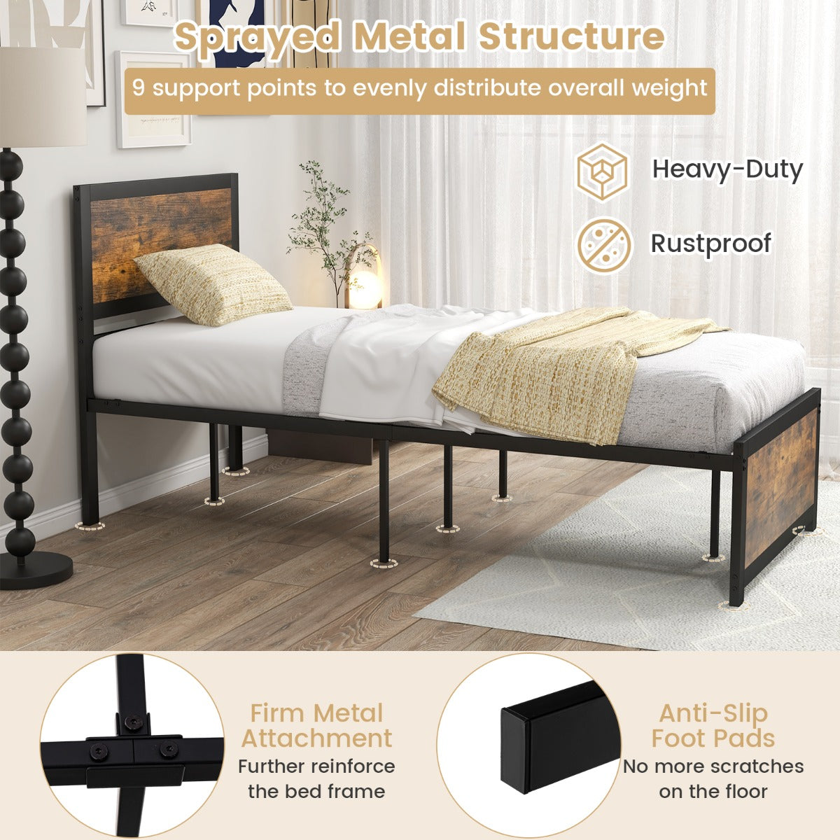 LIVSK Industrieel Dubbel Bedframe - Hoog Hoofdeinde - Geluiddemperstaven - 220 kg Draagvermogen - 36 cm Hoogte - Rustiek Bruin &