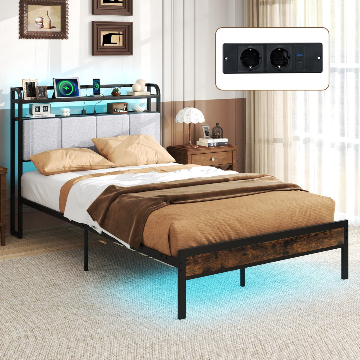 LIVSK Bedframe met Ledverlichting en Oplaadstation - Stevig Metalen Platformbed - Geluidsreductie - Opbergruimte - Bruin