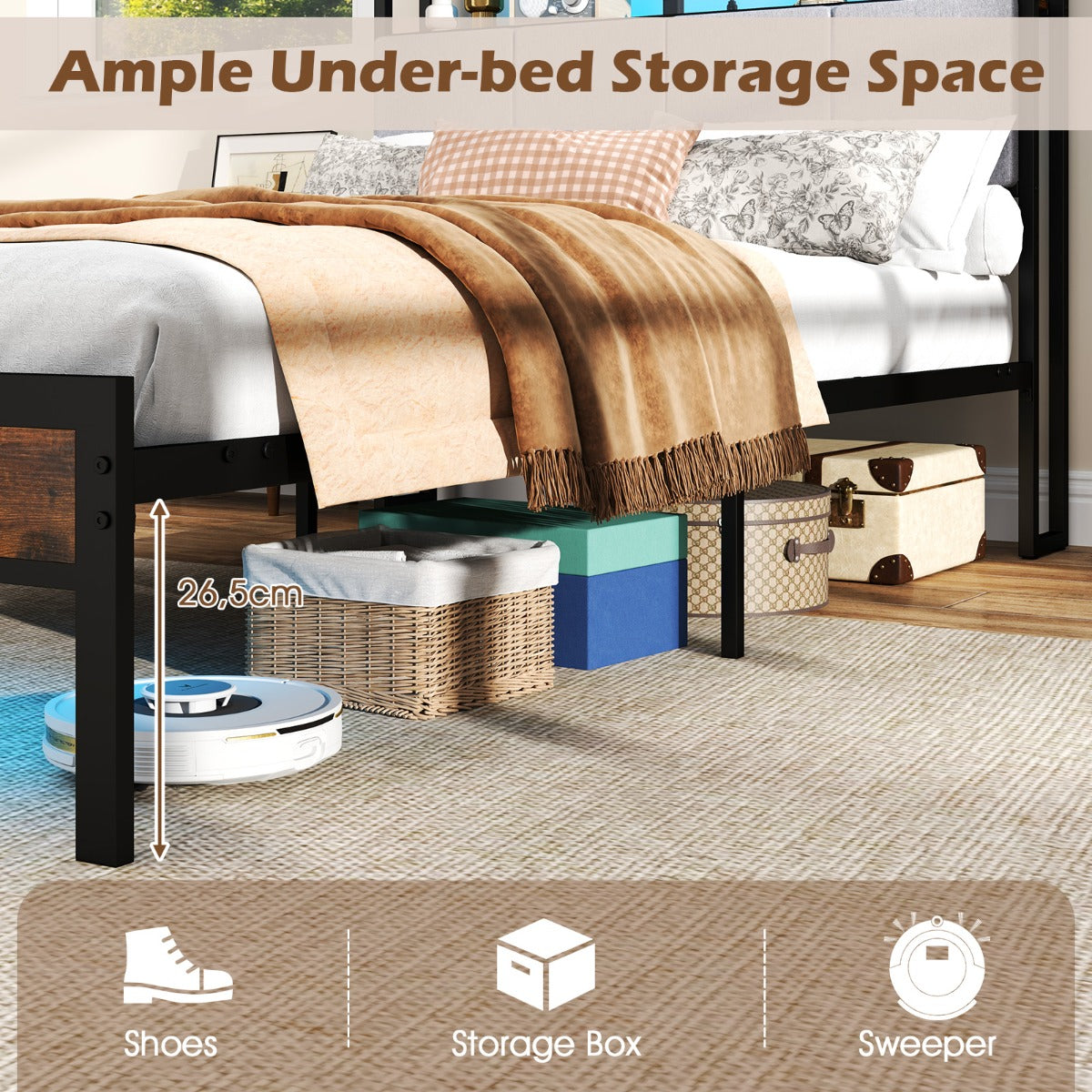 LIVSK Bedframe met Ledverlichting en Oplaadstation - Stevig Metalen Platformbed - Geluidsreductie - Opbergruimte - Bruin