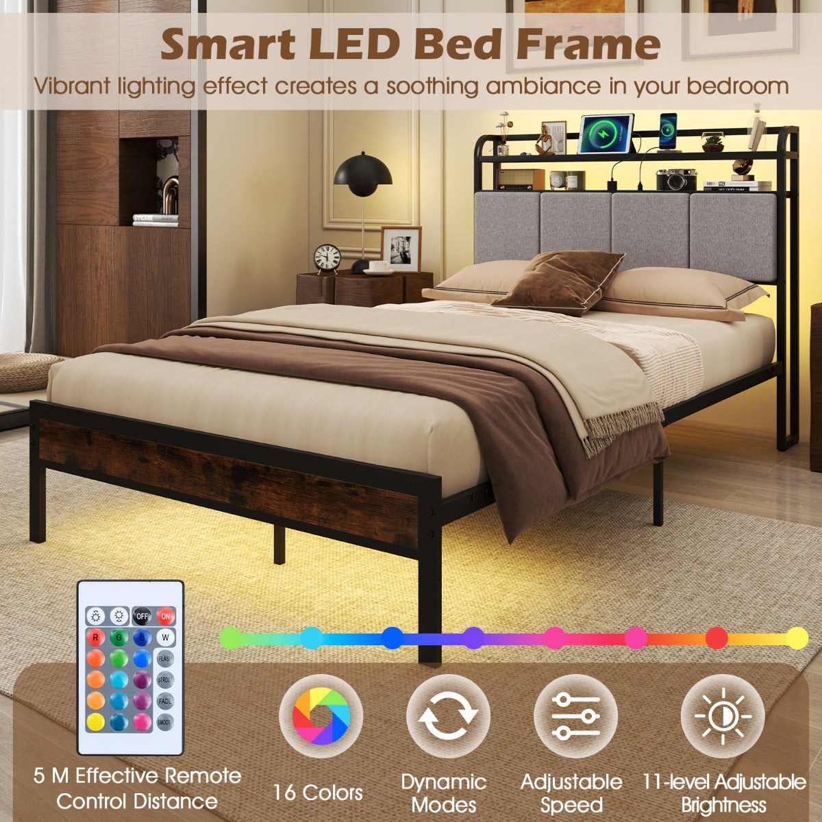 LIVSK Bedframe met Ledverlichting en Oplaadstation - Stevig Metalen Platformbed - Geluidsreductie - Opbergruimte - Bruin