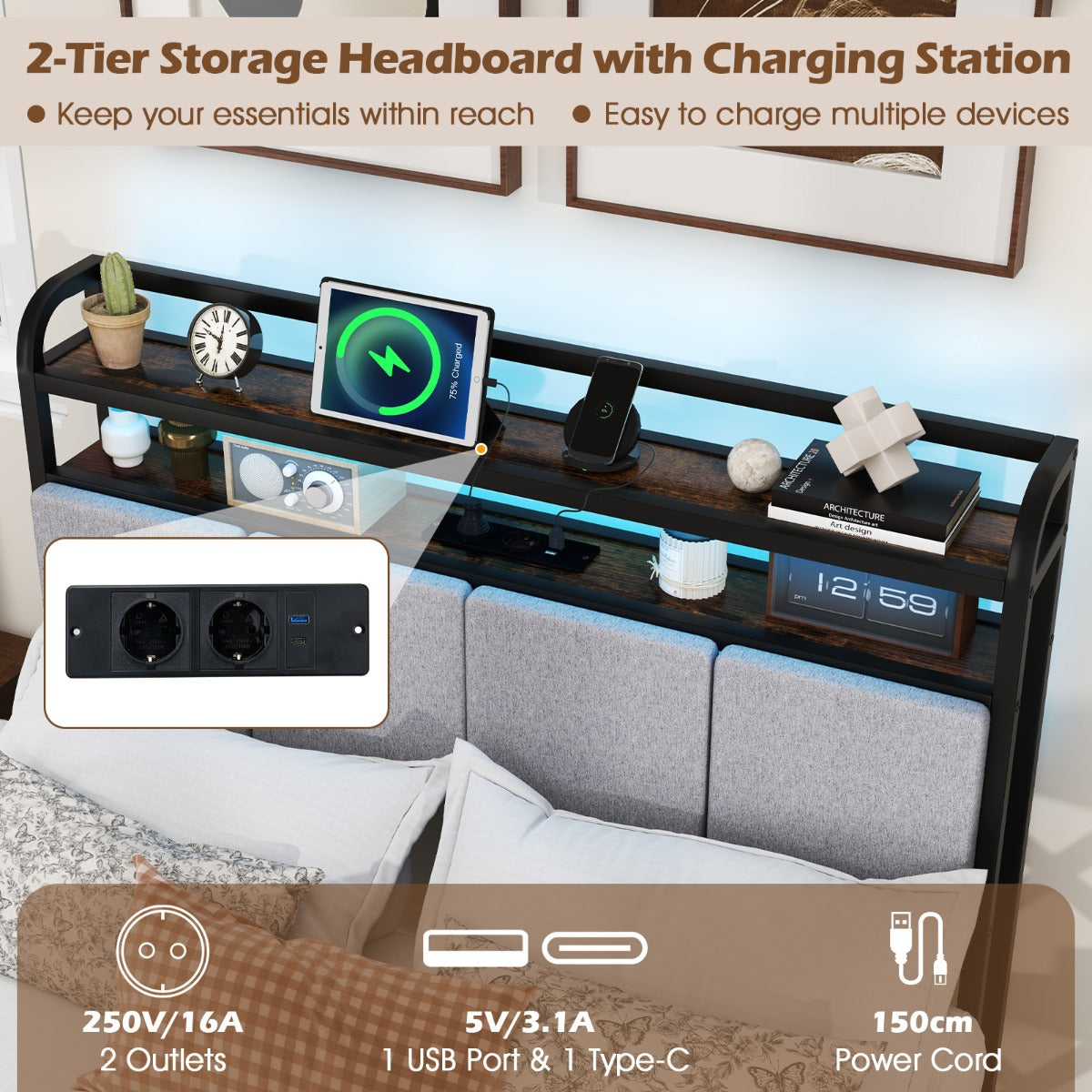 LIVSK Bedframe met Ledverlichting en Oplaadstation - Stevig Metalen Platformbed - Geluidsreductie - Opbergruimte - Bruin