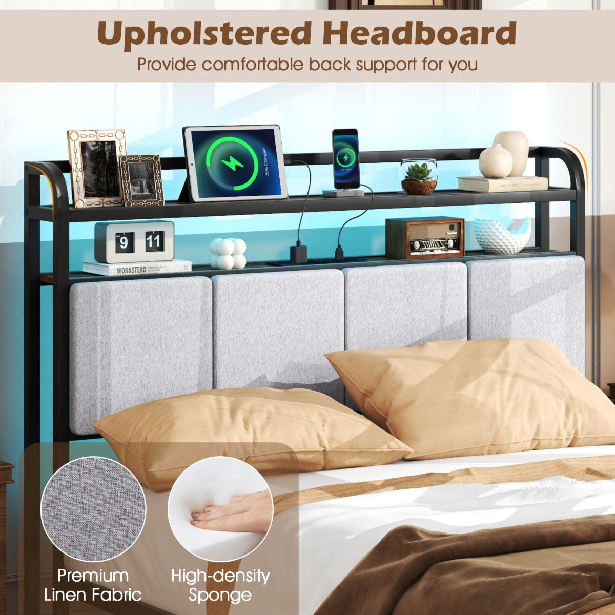 LIVSK Bedframe met Ledverlichting en Oplaadstation - Stevig Metalen Platformbed - Geluidsreductie - Opbergruimte - Bruin