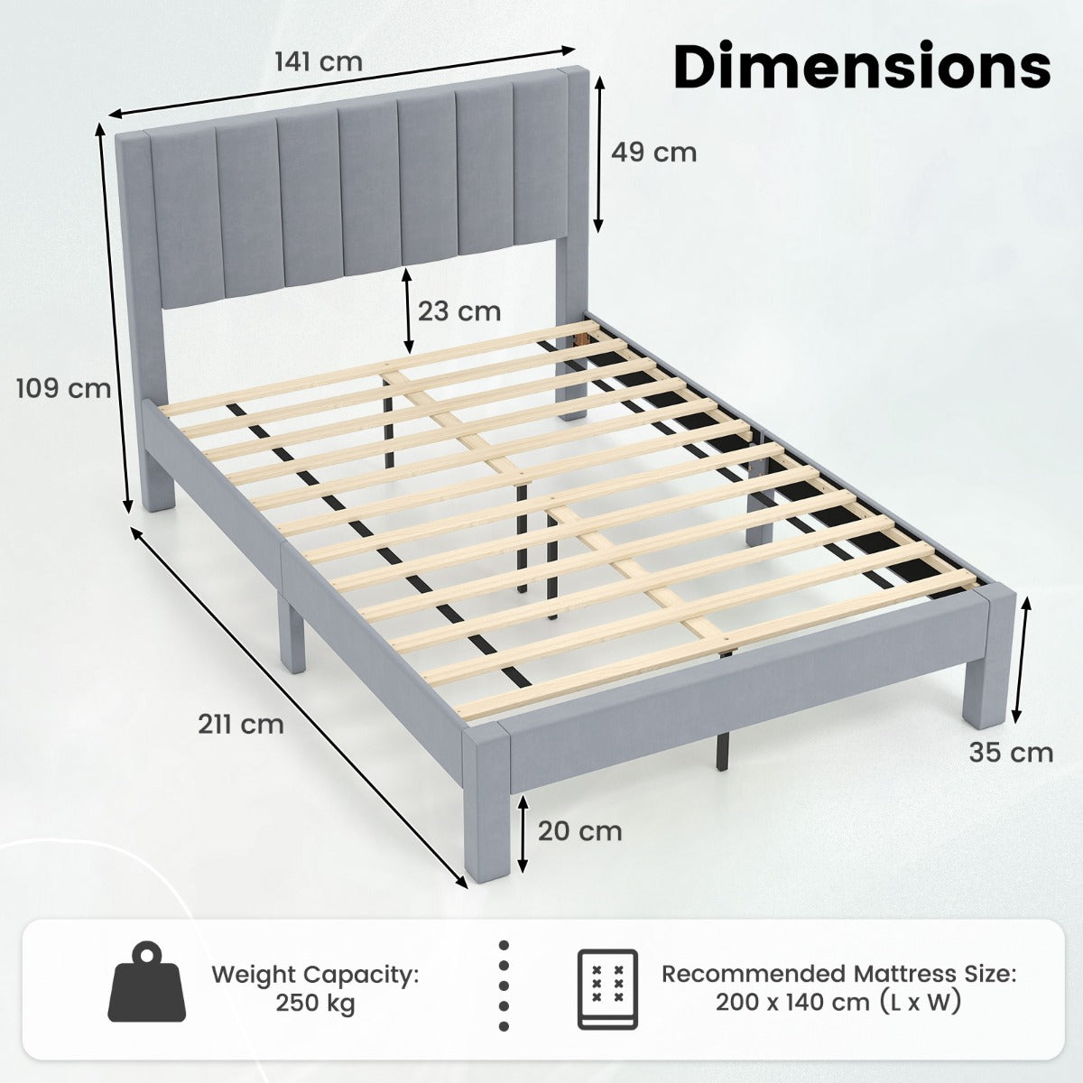 LIVSK Tweepersoonsbedframe - Luxe Fluweel - Ondersteuning tot 250 kg - 200 x 140 cm - Eenvoudig te Reinigen - Grijs