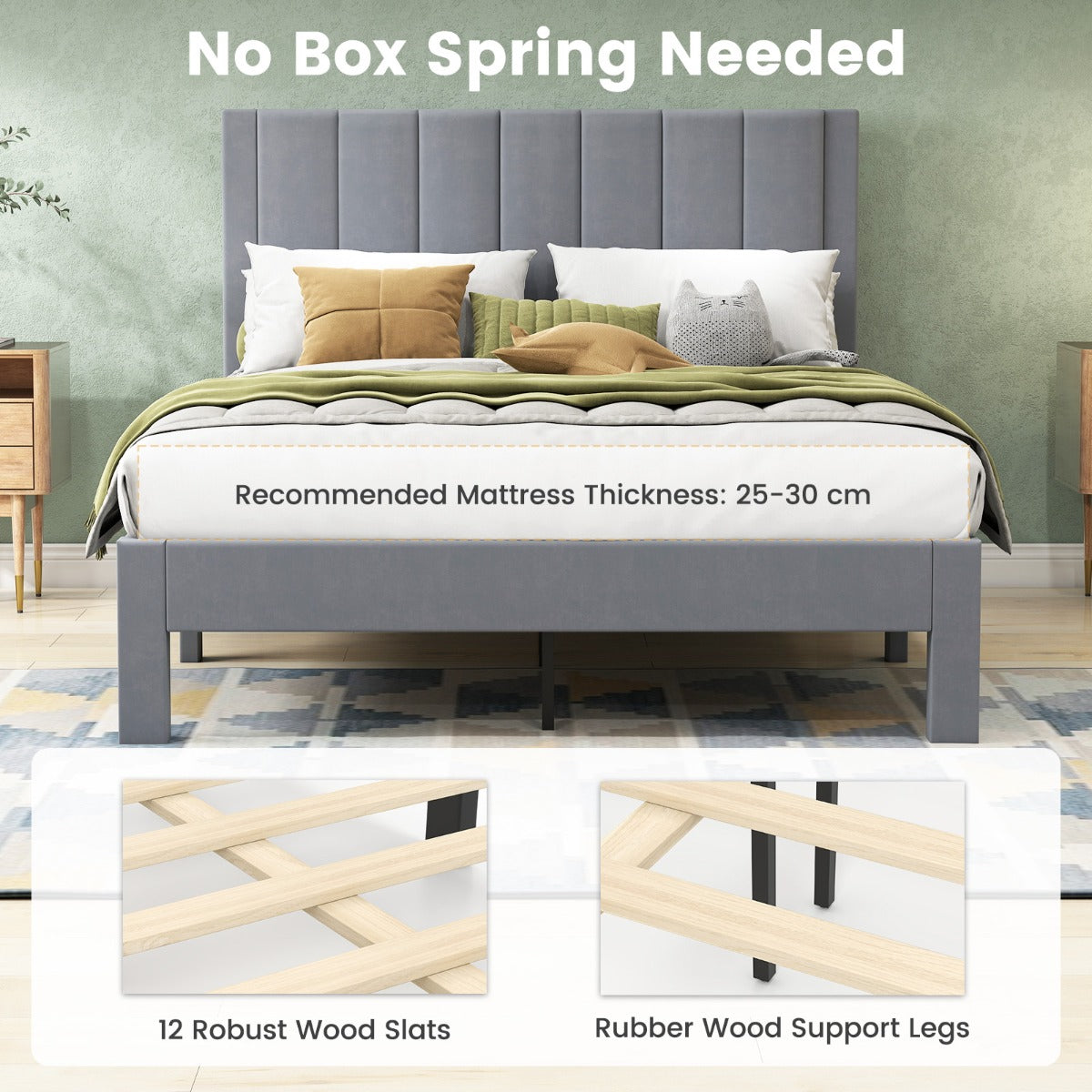 LIVSK Tweepersoonsbedframe - Luxe Fluweel - Ondersteuning tot 250 kg - 200 x 140 cm - Eenvoudig te Reinigen - Grijs