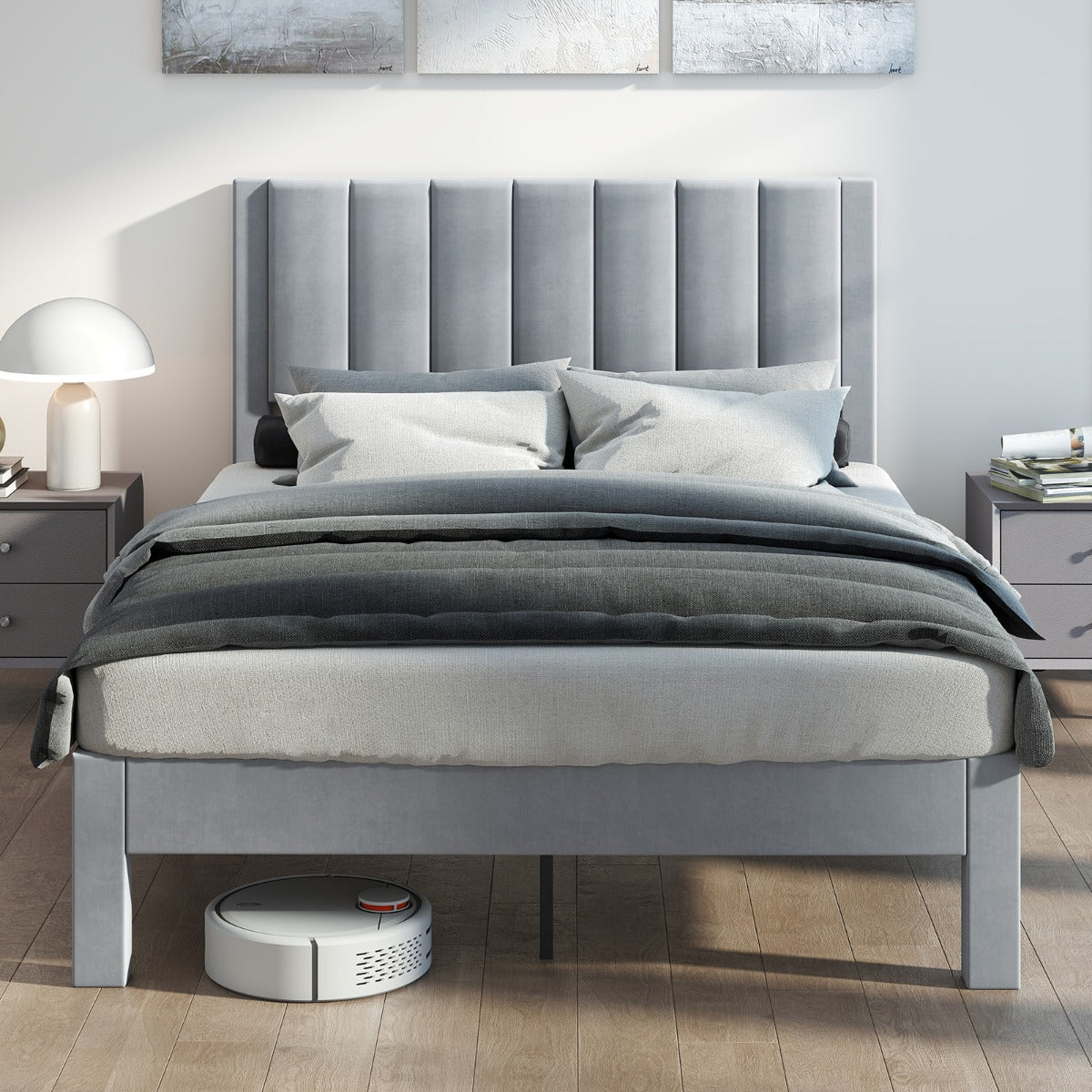 LIVSK Tweepersoonsbedframe - Luxe Fluweel - Ondersteuning tot 250 kg - 200 x 140 cm - Eenvoudig te Reinigen - Grijs