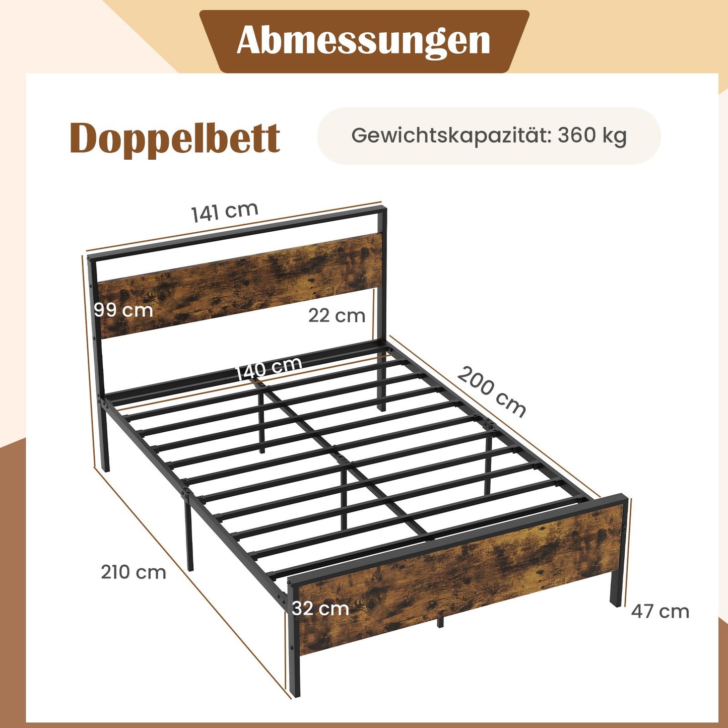 LIVSK Platformbedframe 200 x 140 cm - Rustiek Bruin Houten Hoofdeinde - Duurzaam Metaal - Onderopbergruimte - Draagvermogen 360
