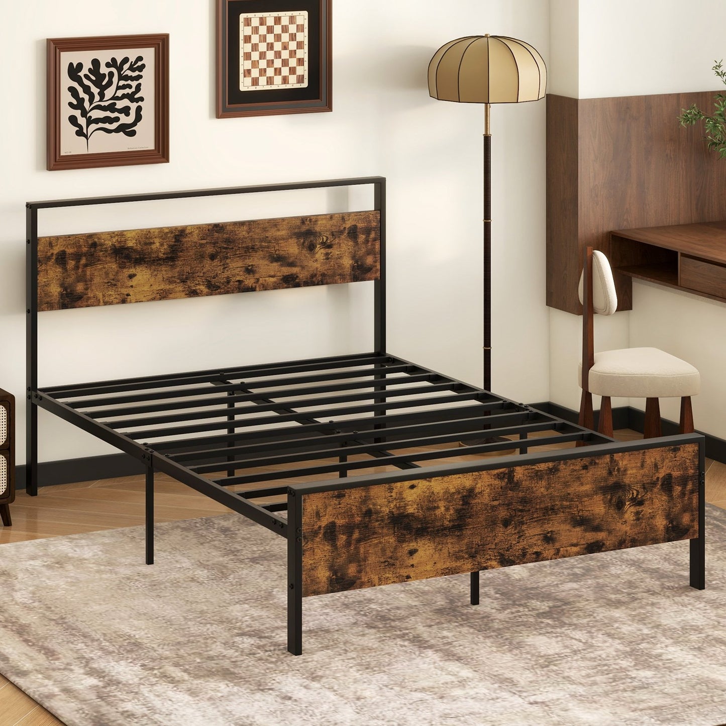 LIVSK Platformbedframe 200 x 140 cm - Rustiek Bruin Houten Hoofdeinde - Duurzaam Metaal - Onderopbergruimte - Draagvermogen 360