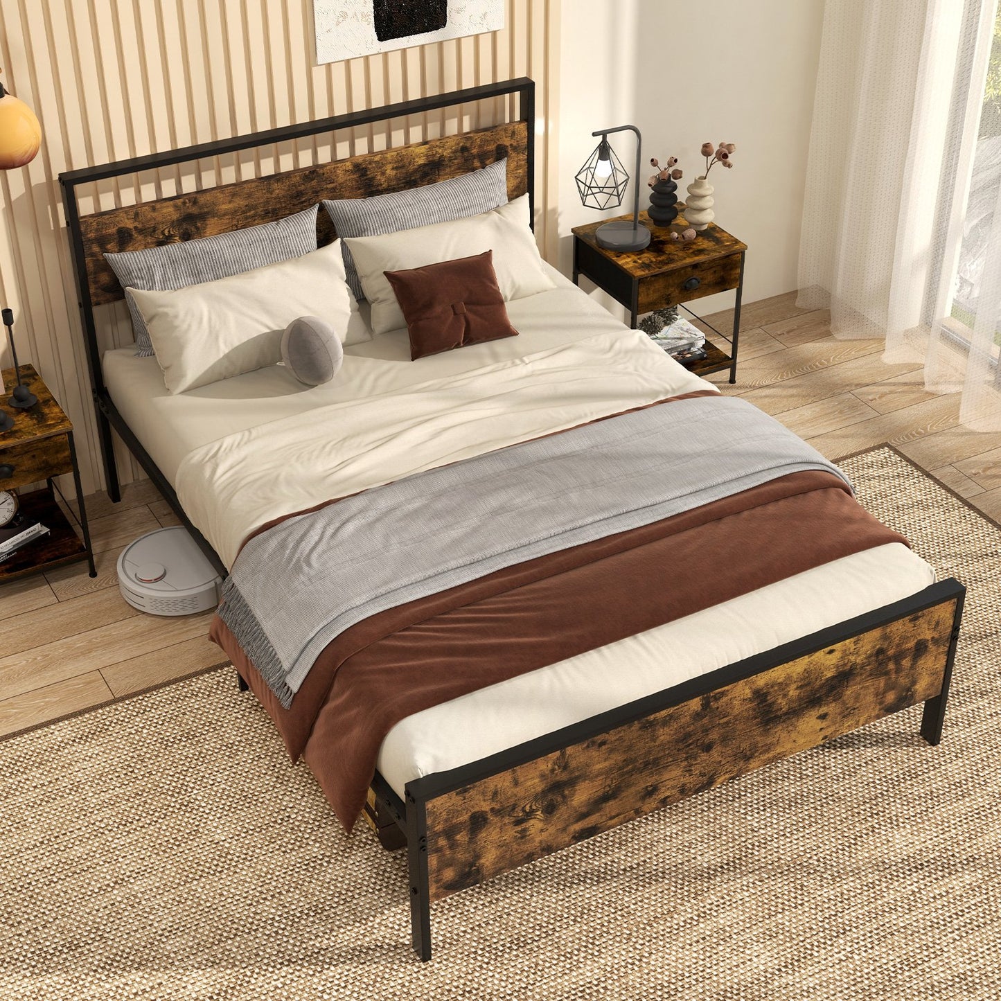LIVSK Platformbedframe 200 x 140 cm - Rustiek Bruin Houten Hoofdeinde - Duurzaam Metaal - Onderopbergruimte - Draagvermogen 360