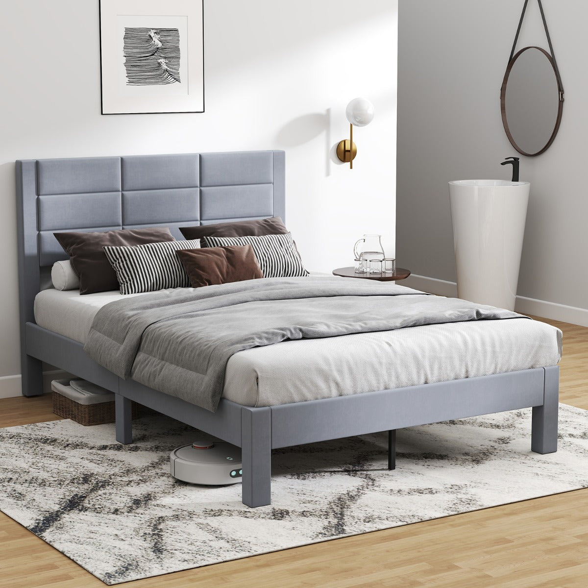 LIVSK Fluwelen Tweepersoonsbed - 200 x 140 cm - Luxe Schuimvulling - Houten Latten - Tot 250 kg - Grijs