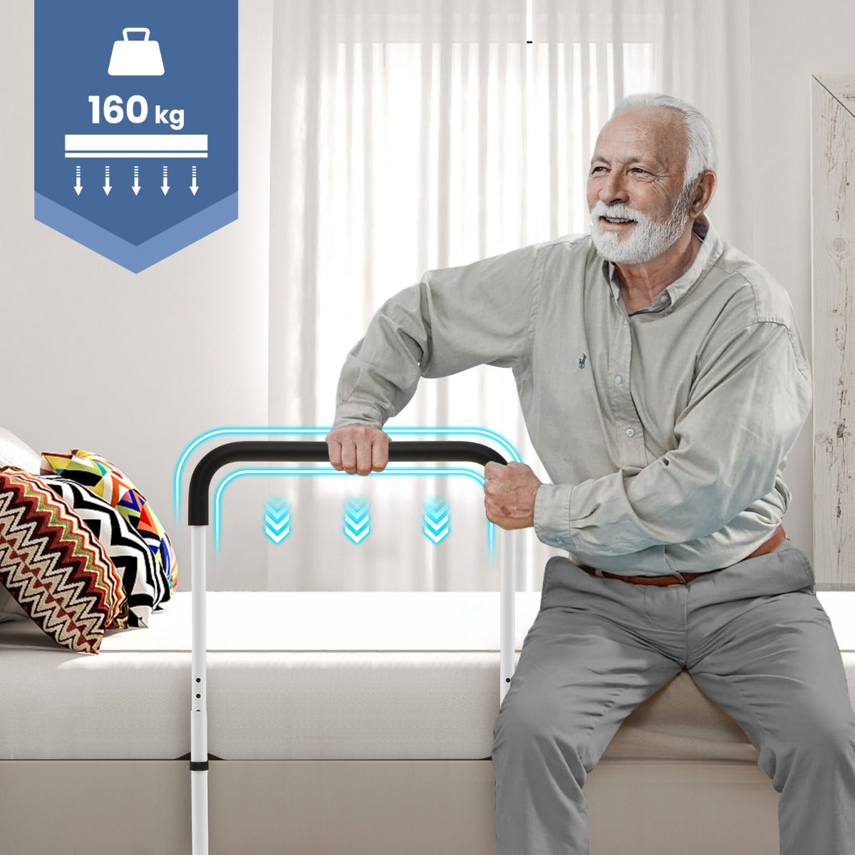 LIVSK Bedhulpleuning - Veilige Ondersteuning tot 160 kg - Verstelbaar voor Diverse Bedmaten - Antislip Grip - Wit
