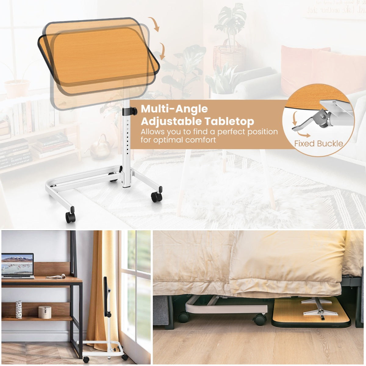 LIVSK Multifunctionele Laptoptafel - Verstelbare Hoogte 73-93 cm - Draaibaar Blad - C-vormig - Ruimtebesparend - Wit + Natuur