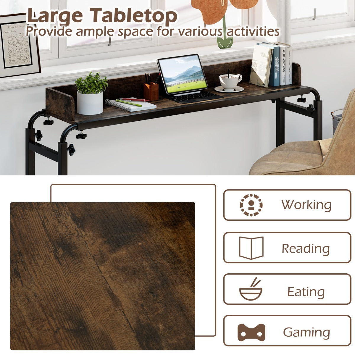 LIVSK Verstelbare Bedtafel met Wielen - Hoogte 73,5 - 102,5 cm - Lengte 135,5 - 206 cm - Robuust Metaal - Voor Werk en