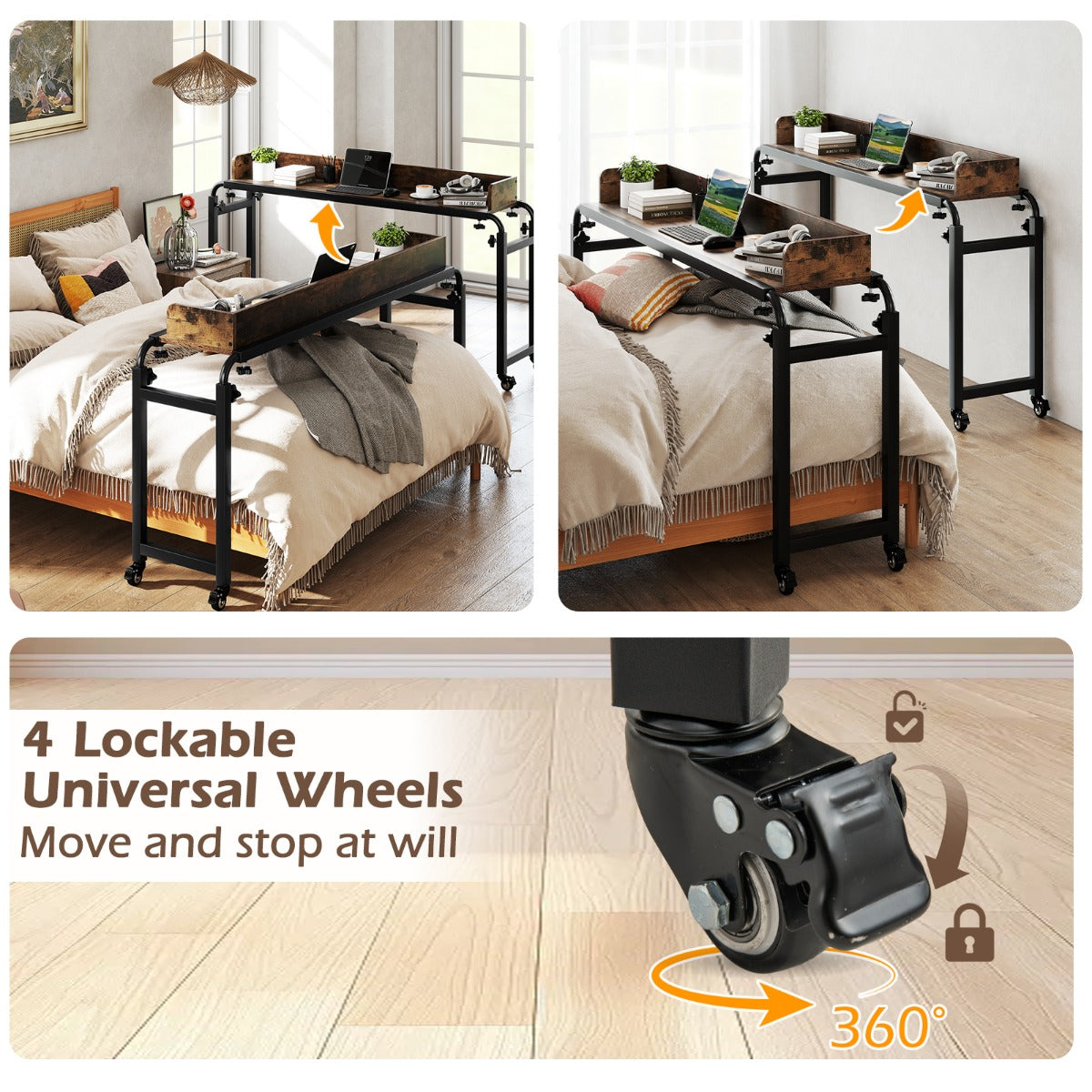 LIVSK Verstelbare Bedtafel met Wielen - Hoogte 73,5 - 102,5 cm - Lengte 135,5 - 206 cm - Robuust Metaal - Voor Werk en