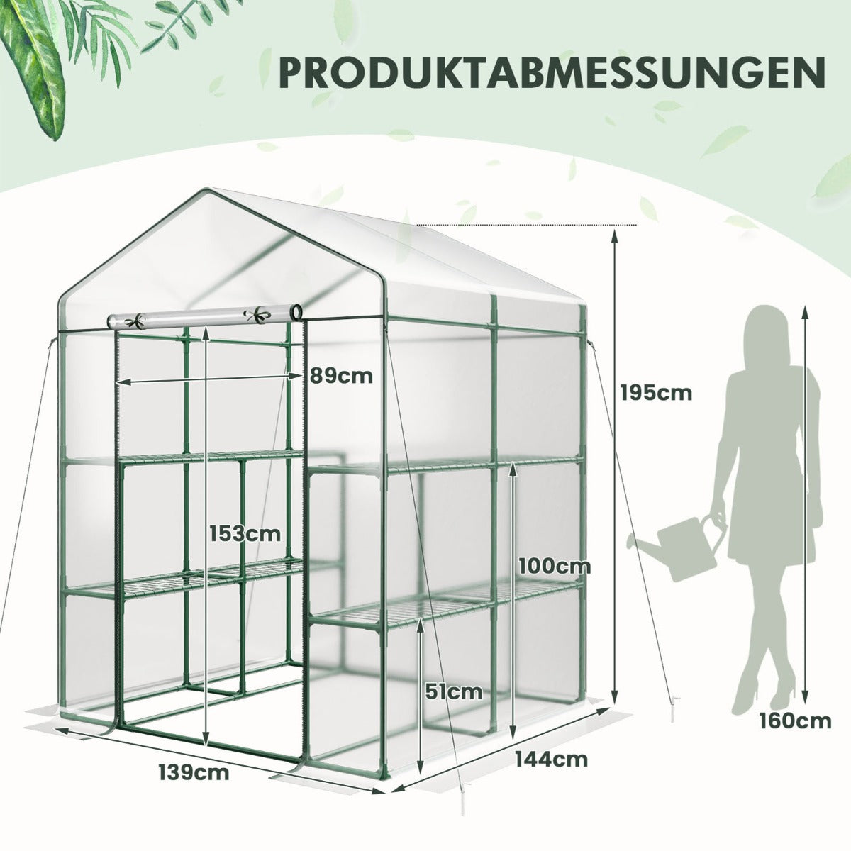 LIVSK Mini-wandelkas - 8 Metalen Gaasplanken - Oprolbare Deur - UV-bestendig en Waterdicht - 139 x 144 x 195 cm - Transparant