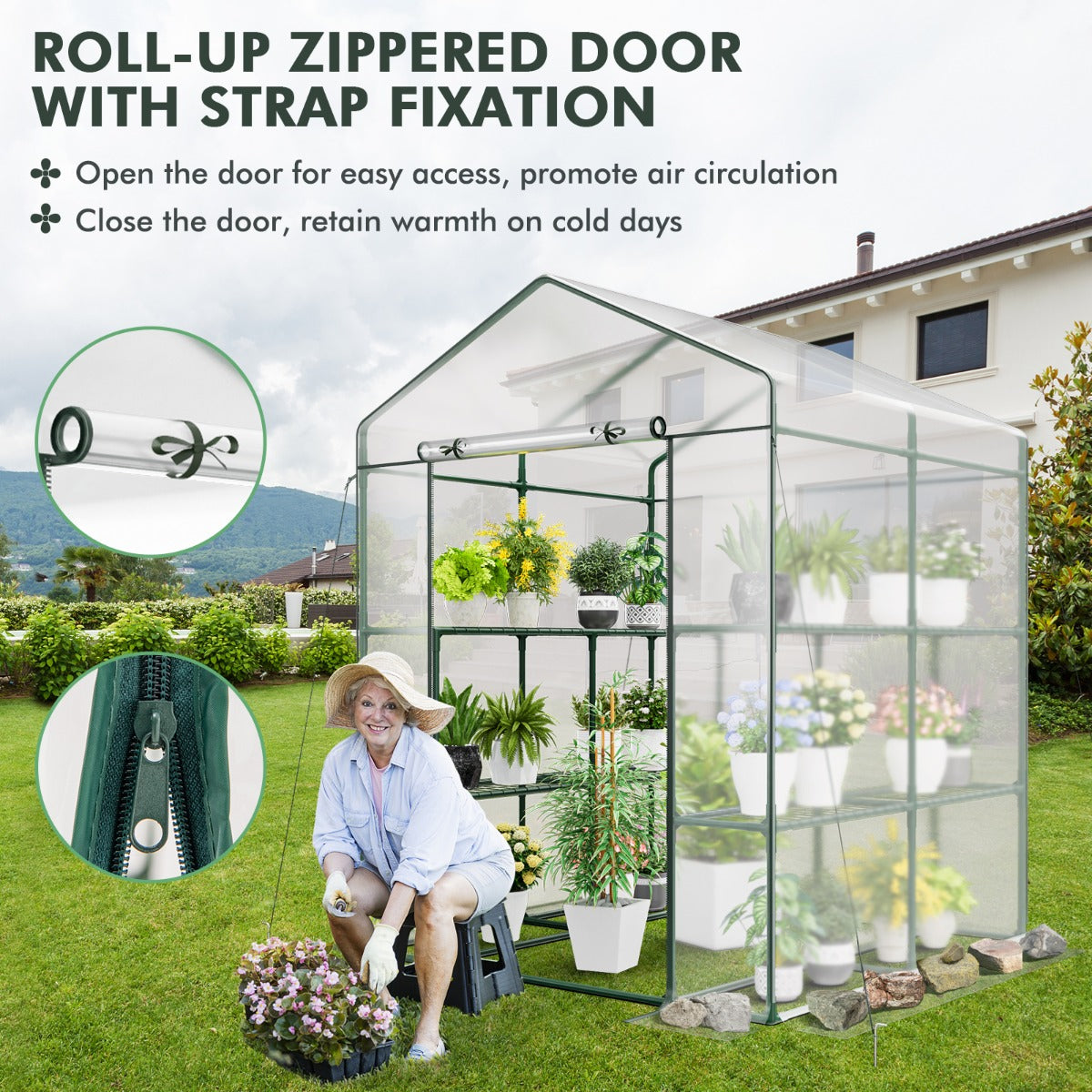 LIVSK Mini-wandelkas - 8 Metalen Gaasplanken - Oprolbare Deur - UV-bestendig en Waterdicht - 139 x 144 x 195 cm - Transparant