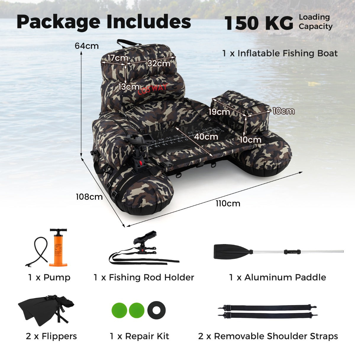 LIVSK Opblaasbare Vissersboot - Draagvermogen 150 kg - Verstelbare Schouderbanden - Hengelsteun - 110 x 108 x 64 cm - Groen