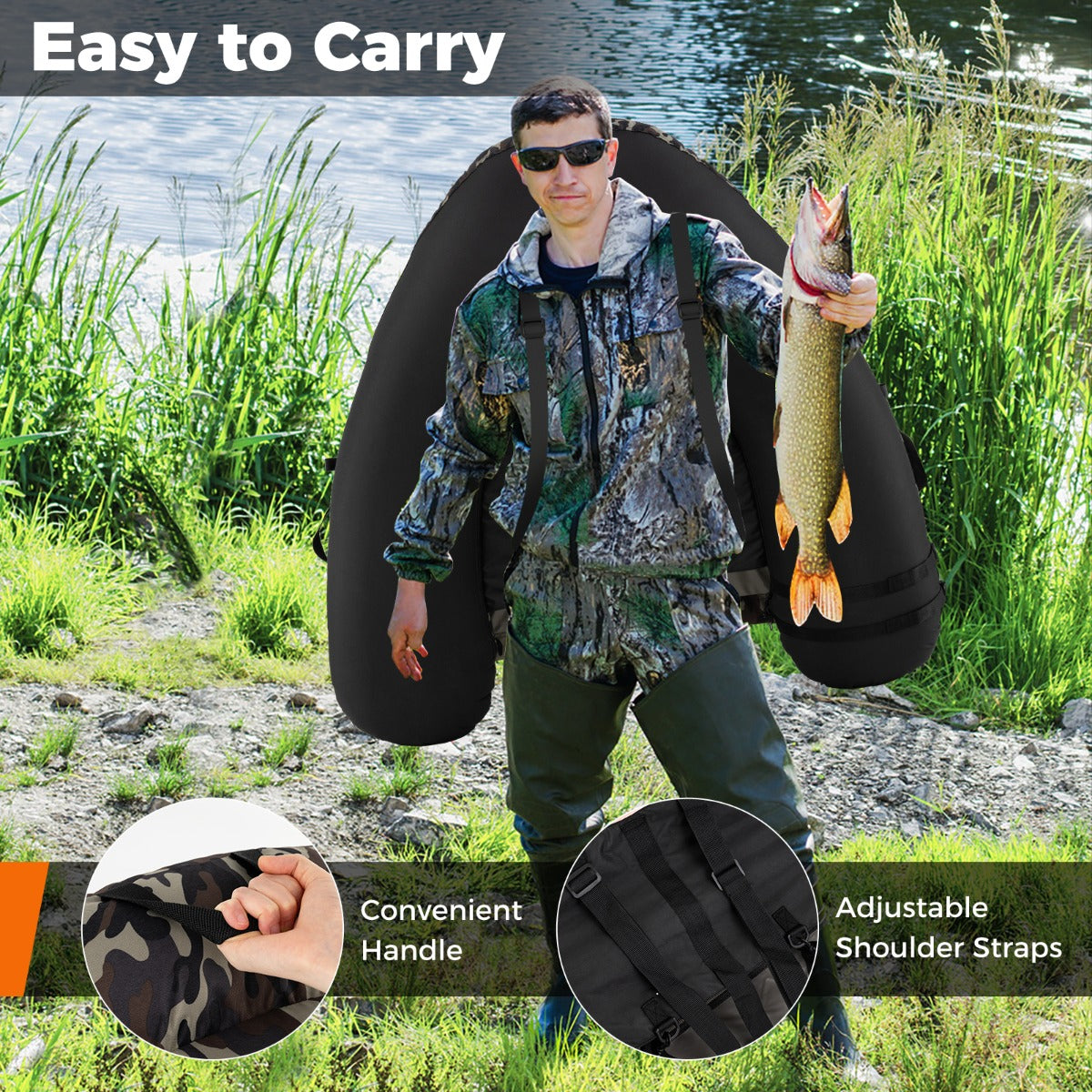 LIVSK Opblaasbare Vissersboot - Draagvermogen 150 kg - Verstelbare Schouderbanden - Hengelsteun - 110 x 108 x 64 cm - Groen